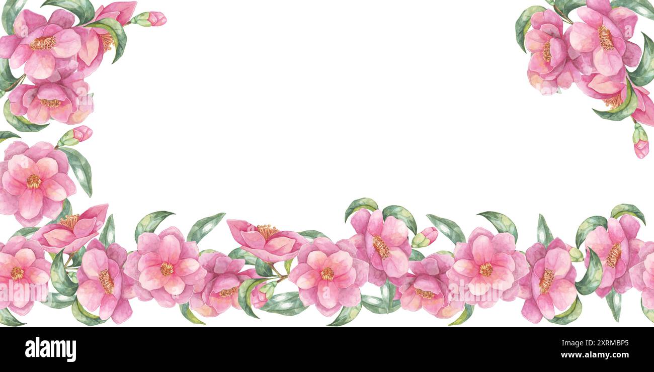 Striscione rosa con fiori di camelia japonica. Clipart acquerello botanico. Questo elegante design floreale è adatto per la creazione di inviti di nozze, poster e abbellimenti di siti Web Foto Stock