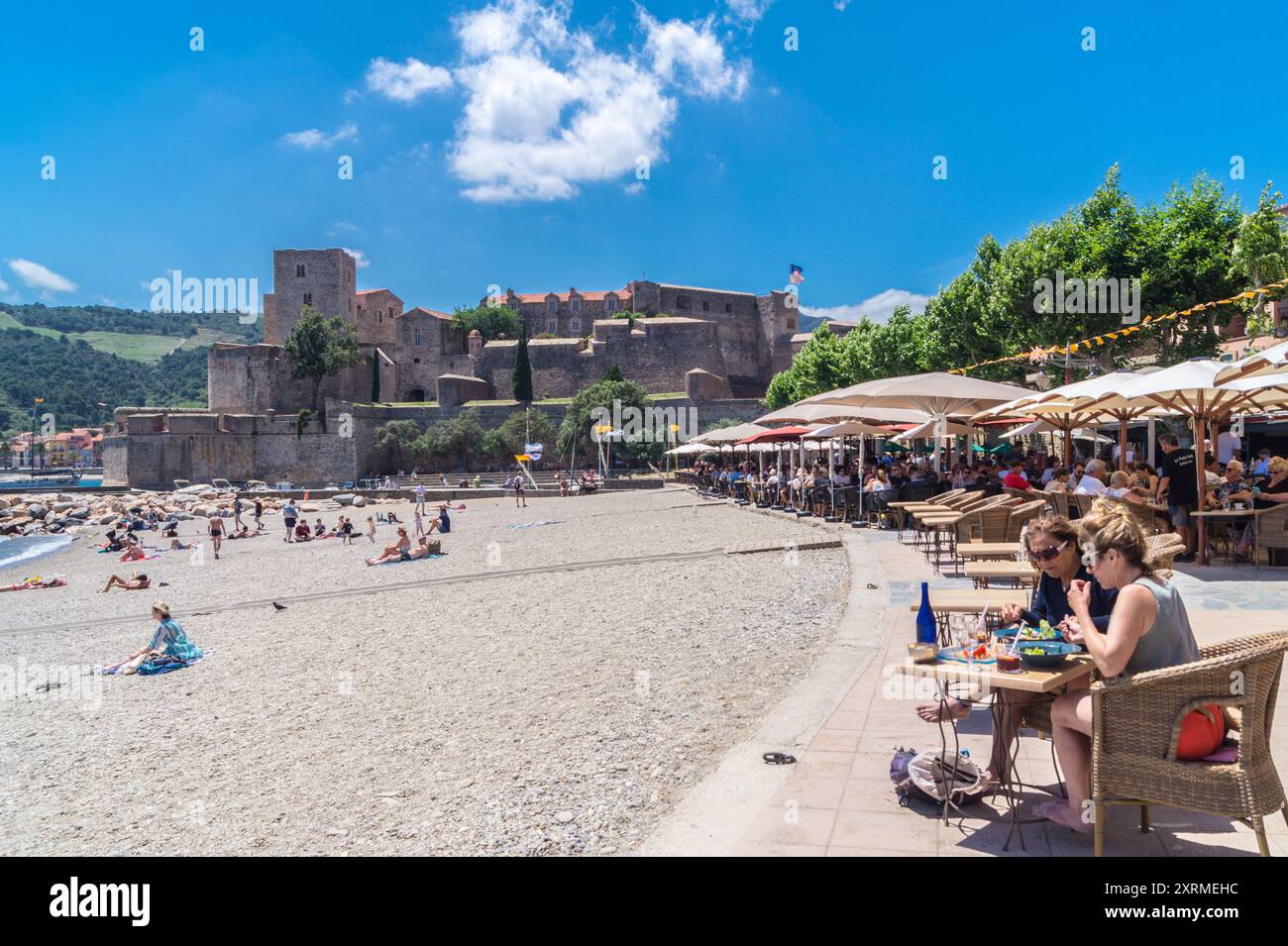 Spiaggia e Chateau Royal, Collioure, Côte Vermeille, Pyrénées Orientales, Occitanie, Francia Foto Stock