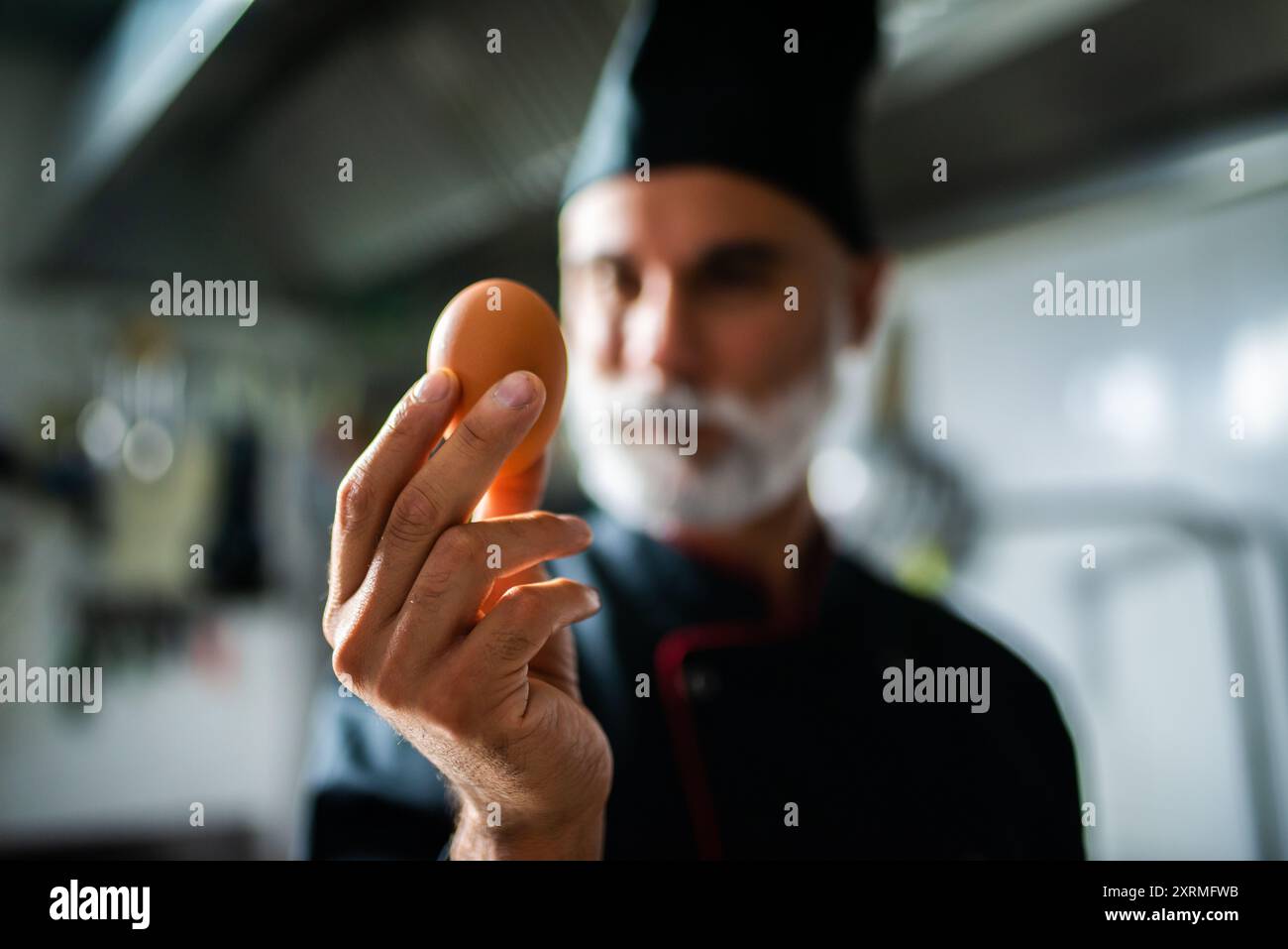 Primo piano della mano di uno chef professionista tenendo con cura un solo uovo con un'espressione mirata in un ambiente di cucina commerciale, sottolineando l'importazione Foto Stock