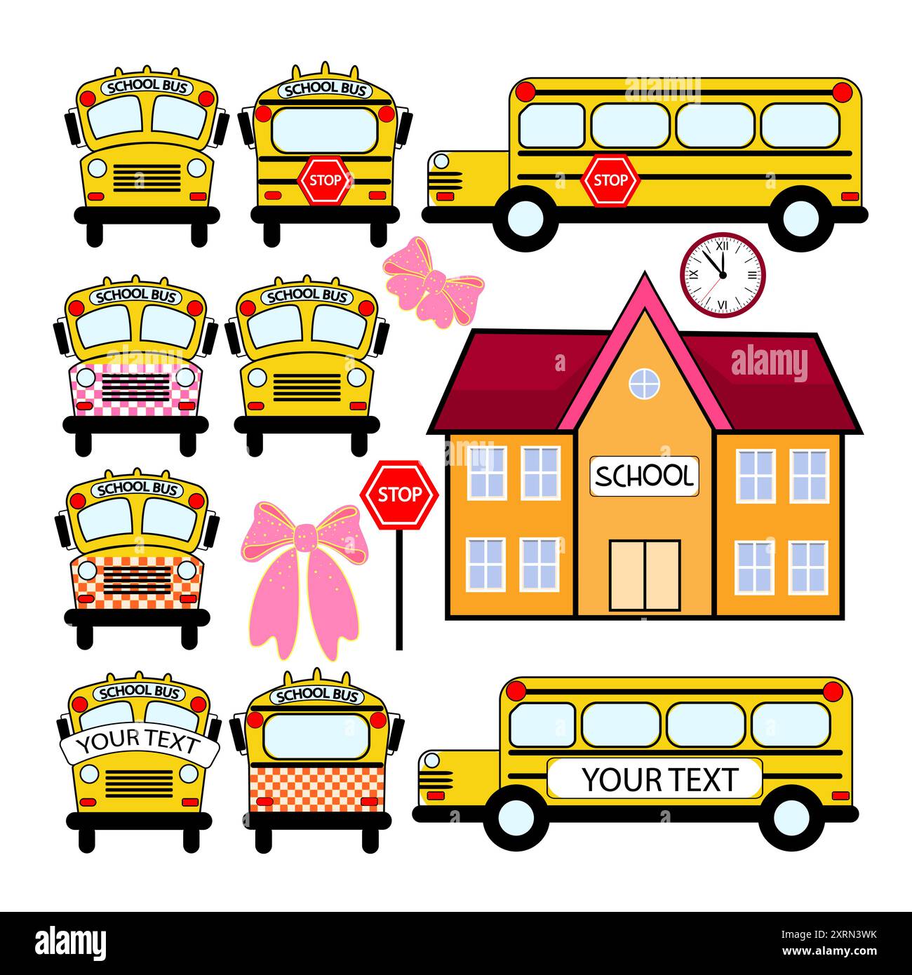 Scuolabus cartoni animati di colore giallo su sfondo bianco. Scuola. Arco rosa. Illustrazione Vettoriale