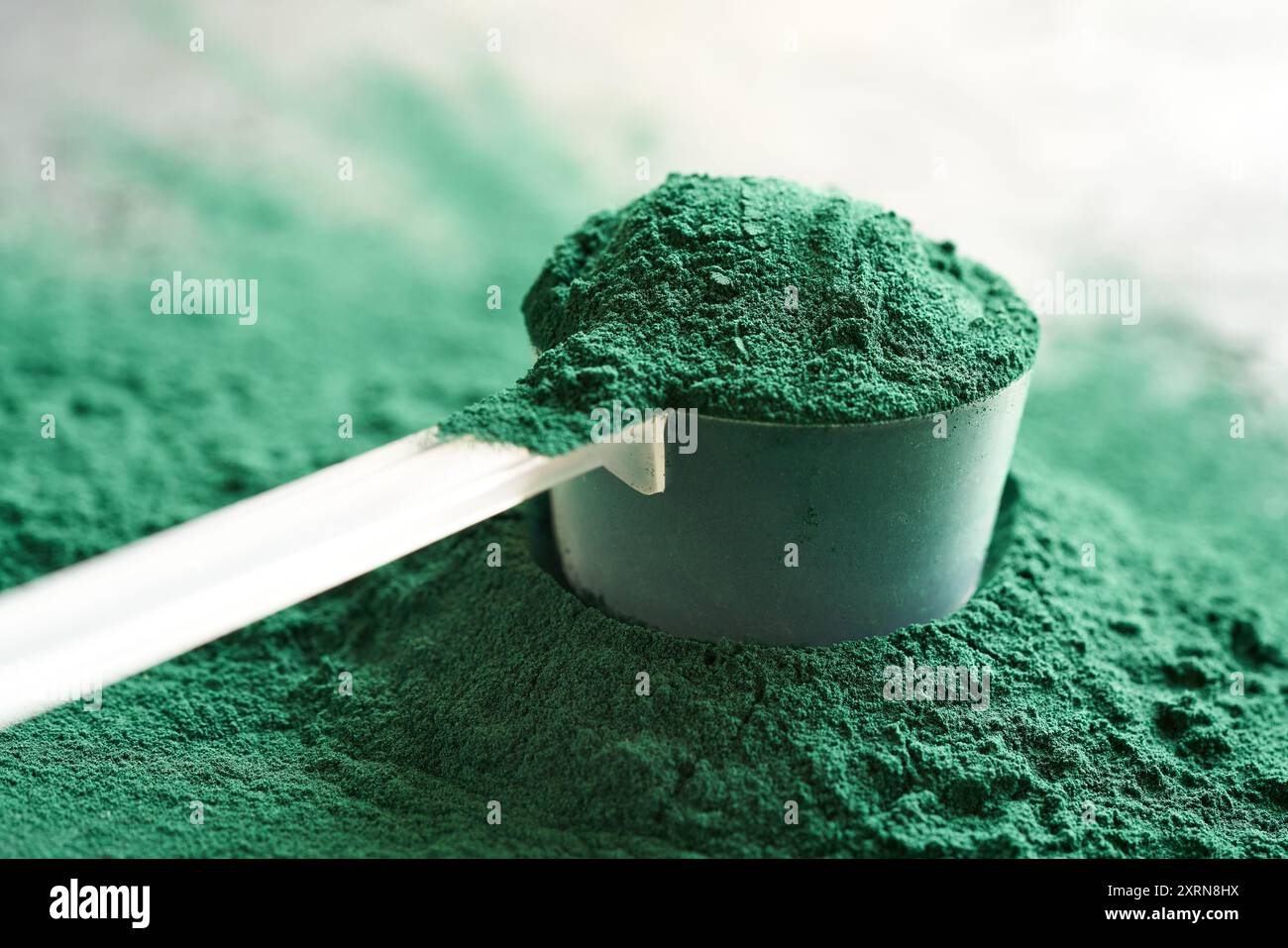 Polvere di alghe di spirulina verde in un misurino di plastica - integratore nutrizionale sano Foto Stock