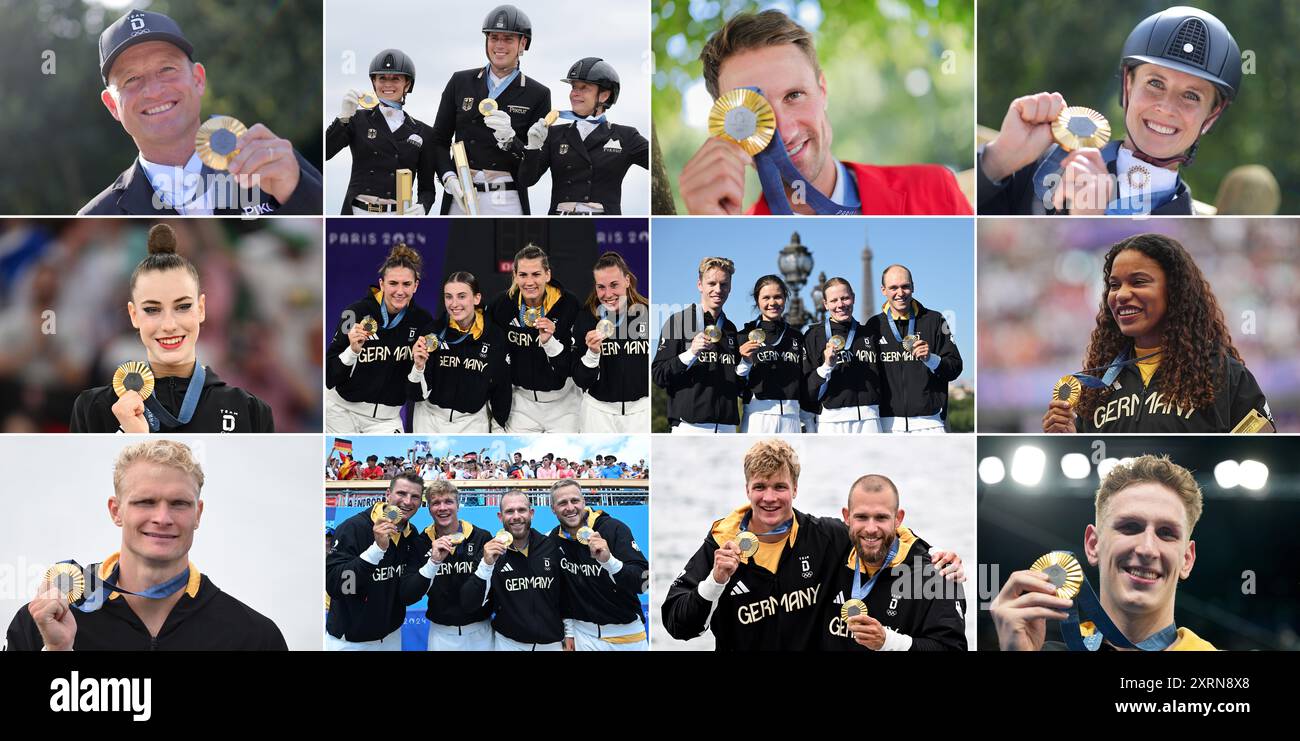 11 agosto 2024, Francia, Parigi/Versailles: Olympia, Parigi 2024, la combinazione di dodici immagini mostra i dodici vincitori della medaglia d'oro della Germania alle Olimpiadi estive, (TOP/l-r) Equestre, eventing, individuale, salto ostacoli, Michael Jung - equestre, dressage, squadra Jessica von Bredow-Werndl (l-r), Frederic Wandres e Isabell Werth - salto ostacoli, individuale, finale, Christian Kukuk tedesco - dressage, individuale, finale, Jessica von Bredow-Wernd; ginnastica ritmica media (l-r), individuale, all-around, Darja Varfolomeev - 3x3 basket, donne, Marie Reichus, Soninert e Elija Greichus Foto Stock