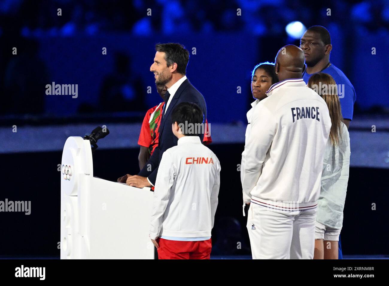 Parigi, Francia. 11 agosto 2024. Olympia, Parigi 2024, Stade de France, Tony Estanguet (l), presidente del Comitato Organizzatore dei Giochi Olimpici e Paralimpici, interviene alla cerimonia di chiusura. Crediti: Sven Hoppe/dpa/Alamy Live News Foto Stock