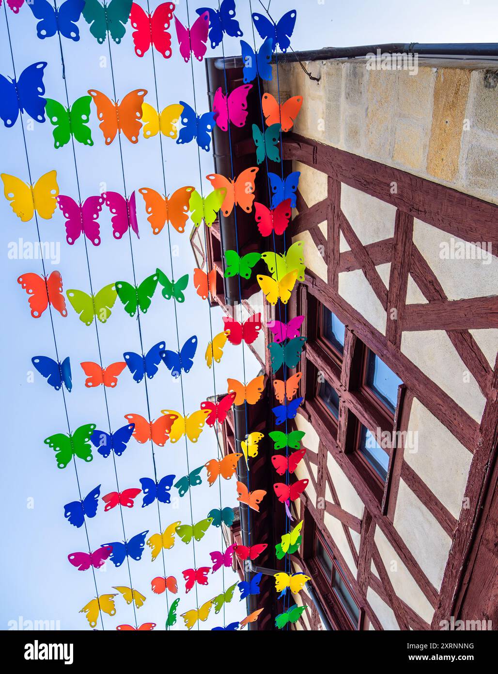 Le festività estive all'aperto a Montlucon, in Francia, con coloratissimi fiori appesi. Foto Stock