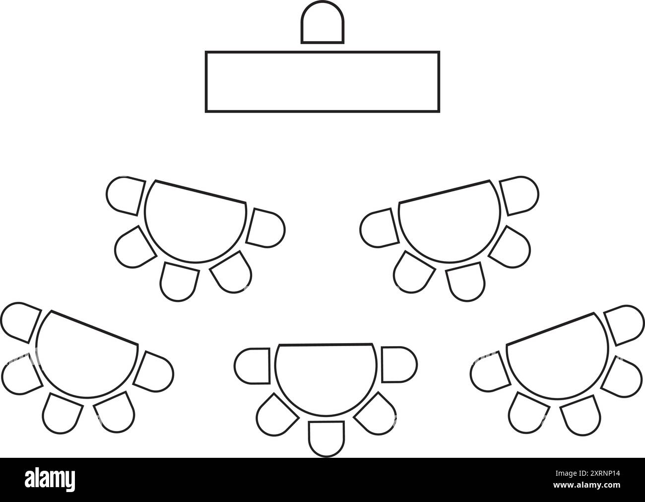 Disposizione dei posti a sedere per riunioni, seminari, corsi di formazione o altri eventi aziendali o festivi. Disposizione interna dei posti a sedere. Vista dall'alto. Tavoli e sedie schematici Illustrazione Vettoriale