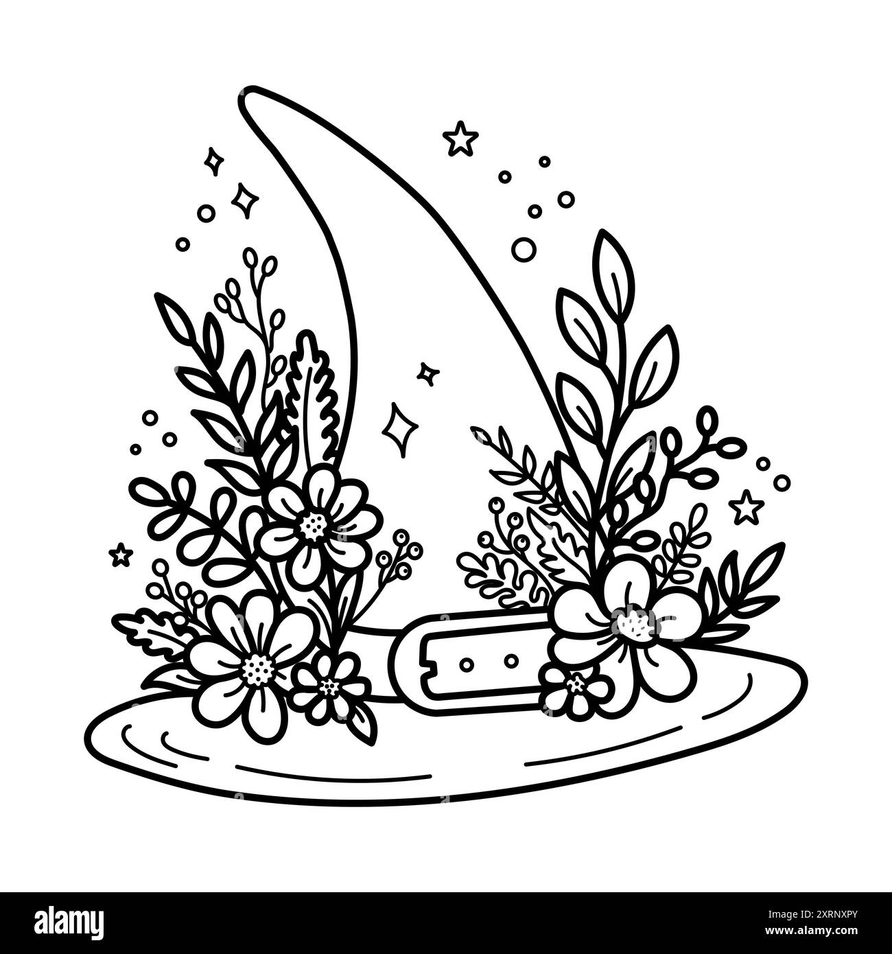 Affascinante illustrazione vettoriale del cappello di una strega decorato con una varietà di fiori, perfetta per colorare le pagine Illustrazione Vettoriale