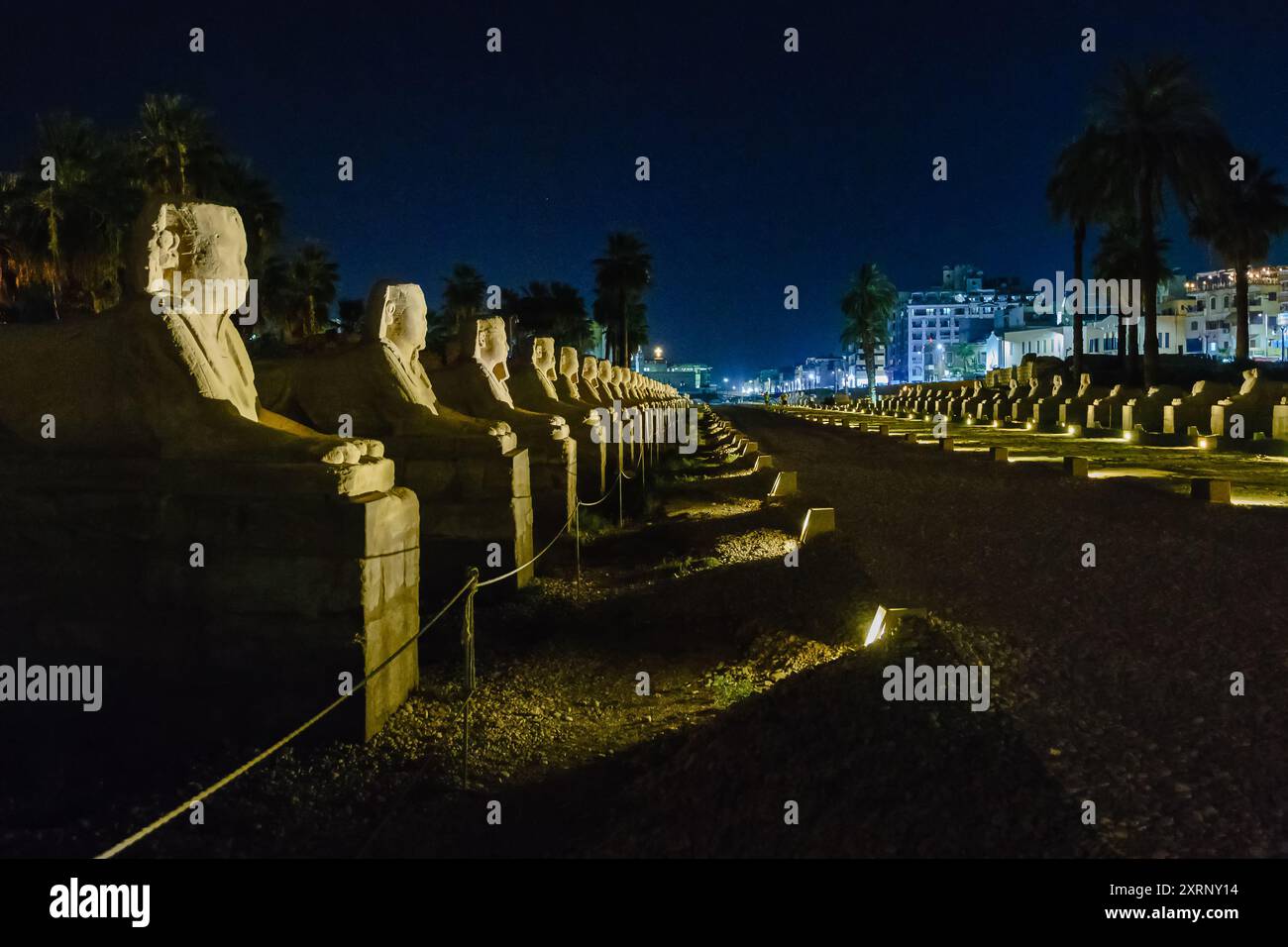 Un viale di sfingi a testa umana di oltre 3 km una volta collegava i templi di Karnak e Luxor Foto Stock