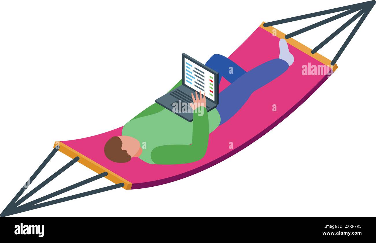 Il freelance lavora in remoto, sdraiato comodamente sull'amaca mentre utilizza il suo computer portatile Illustrazione Vettoriale