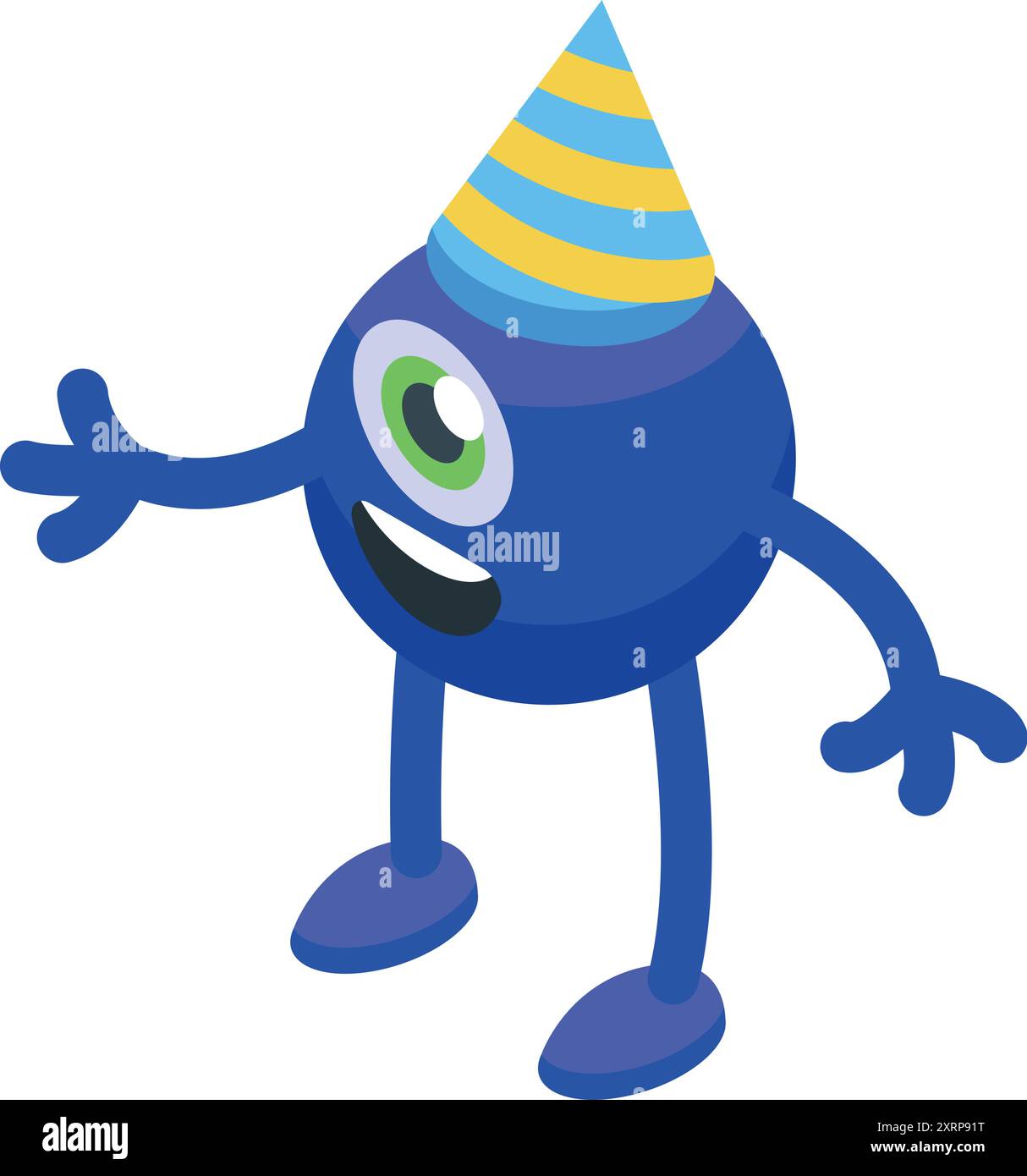 Un simpatico mostro dei cartoni animati con un occhio che indossa un cappello di compleanno sta sventolando Illustrazione Vettoriale