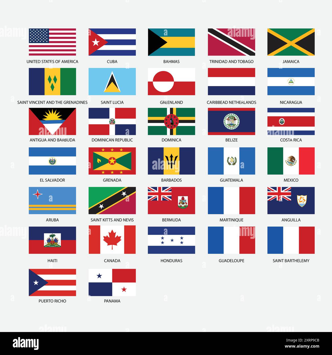 Nord America tutte le bandiere vettoriali dei paesi Illustrazione Vettoriale