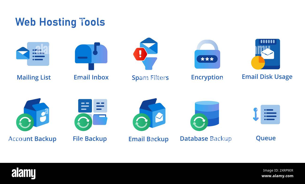 Insieme di icone della crittografia della posta in arrivo e filtro del file di database di backup e dell'utilizzo completo del disco dell'account raccolta di strumenti di hosting Web Illustrazione Vettoriale