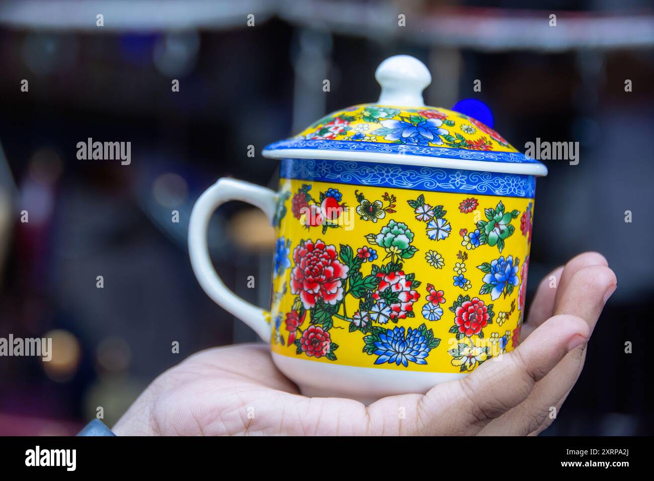 Teiera cinese in porcellana e tazza di guarnizione al confine con l'Indo Bhutan Foto Stock