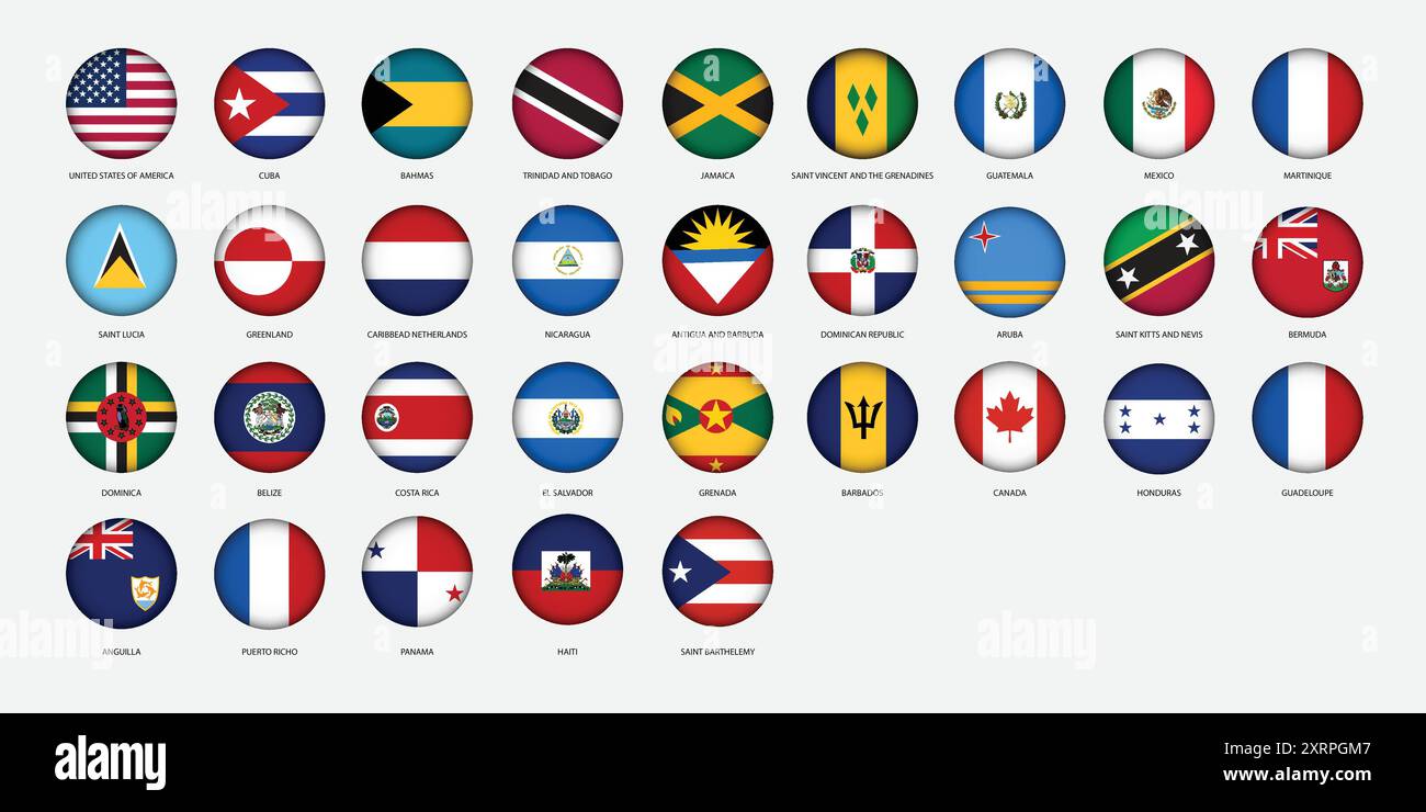 Icone rotonde di tutte le bandiere nazionali del Nord America Illustrazione Vettoriale