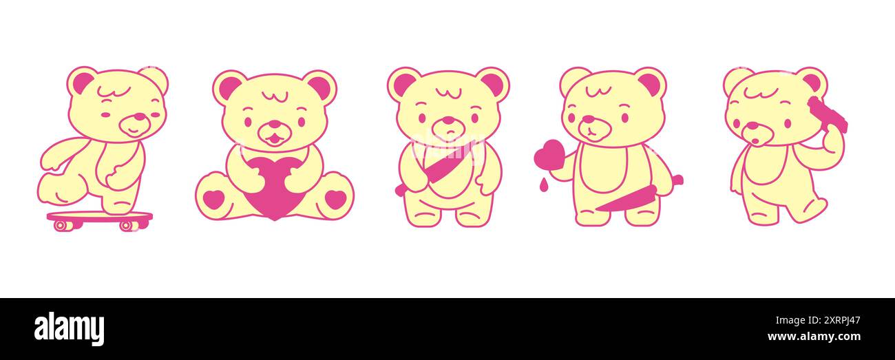 Y2K Kawaii orsi giocattolo skateboard Love Kill suicidio psichedelico pop art vettoriale. Elementi dei personaggi dei cartoni animati di Teddy Bear per bastone Illustrazione Vettoriale