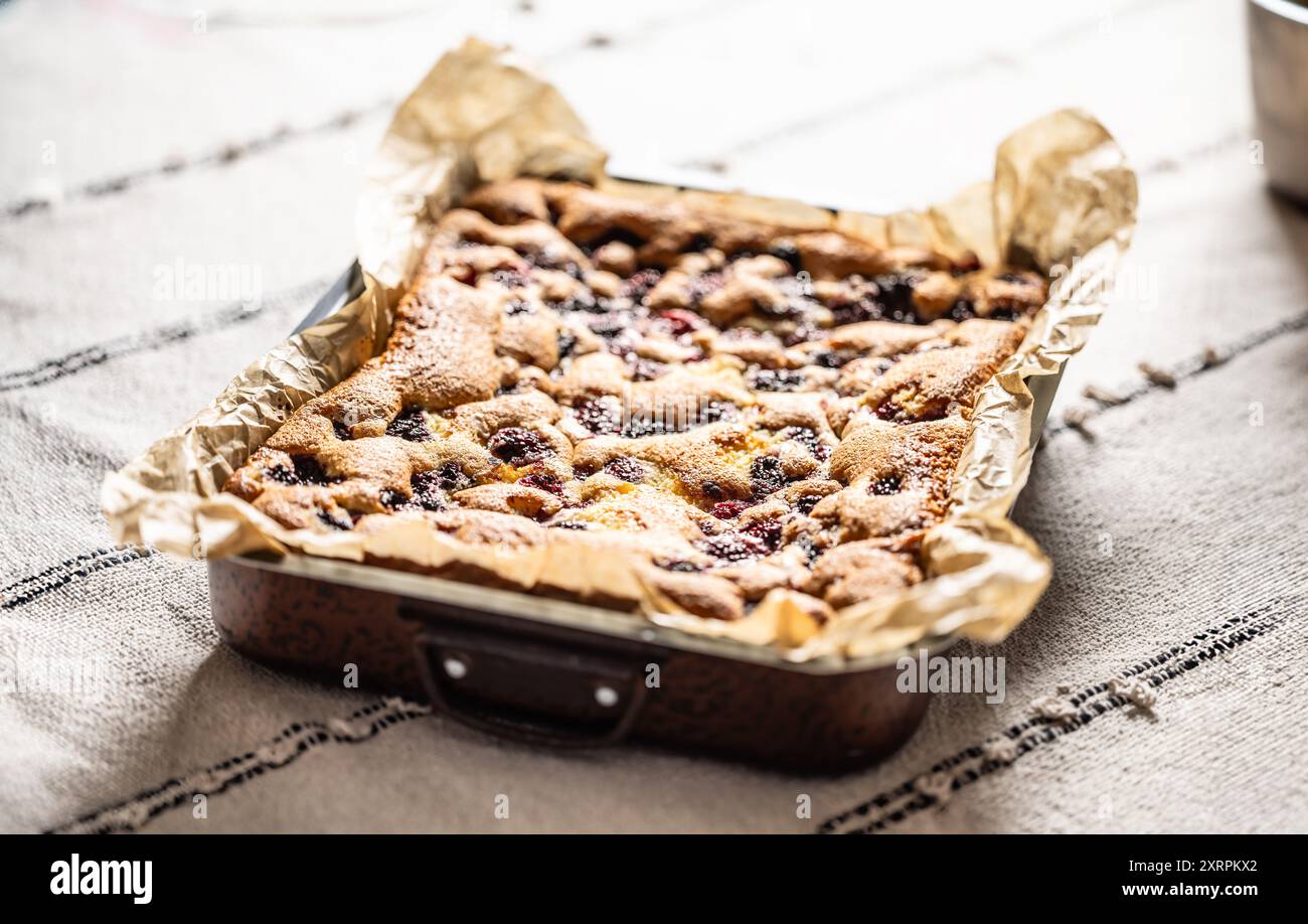 Torta di mora fresca e calda a base di more, farina e uova. Torta di spugne alla frutta vegana. Foto Stock