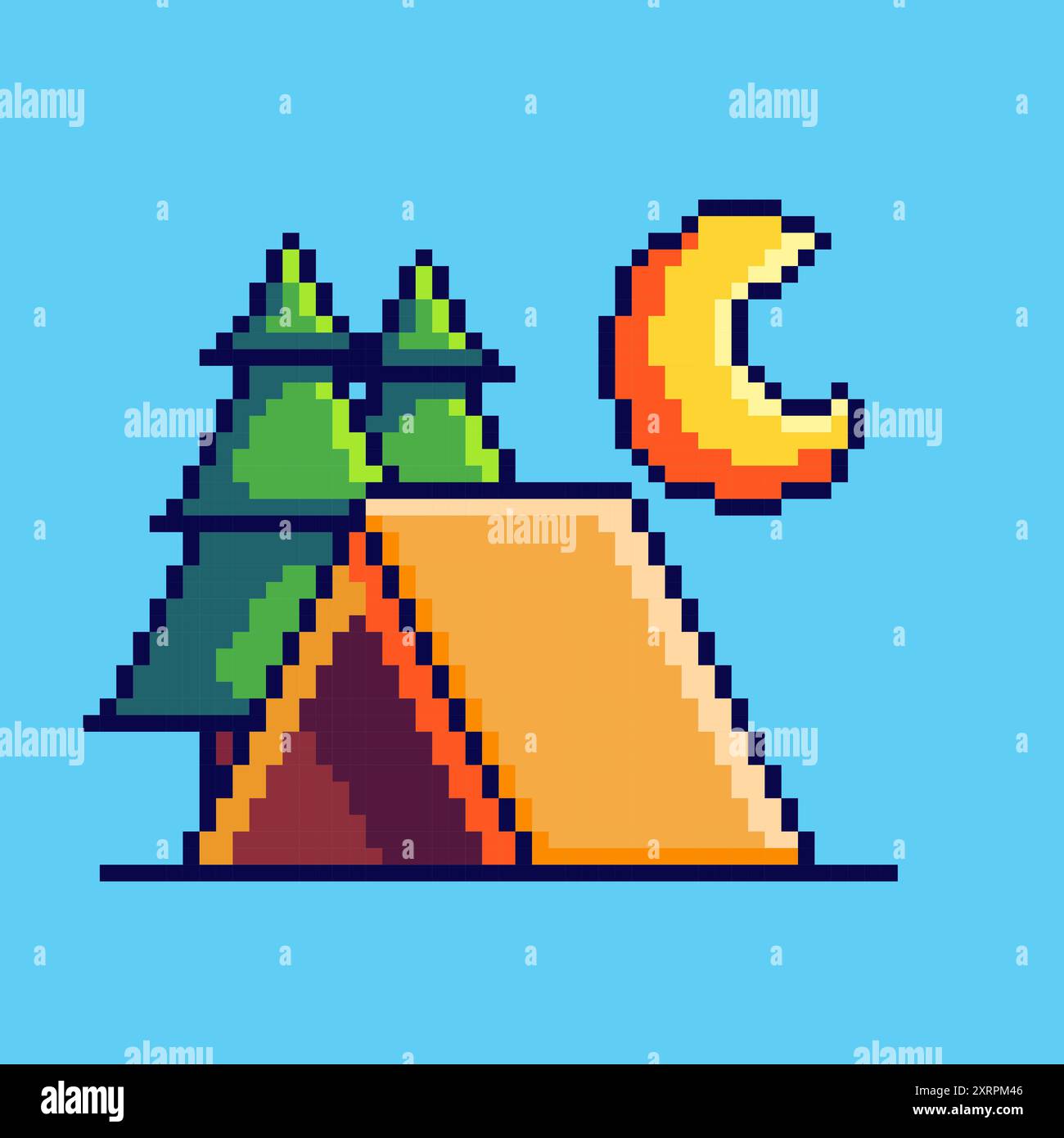 Illustrazione vettoriale del paesaggio per il campeggio con una tenda con Pixel Art Design, perfetta per i design a tema delle risorse di gioco Illustrazione Vettoriale