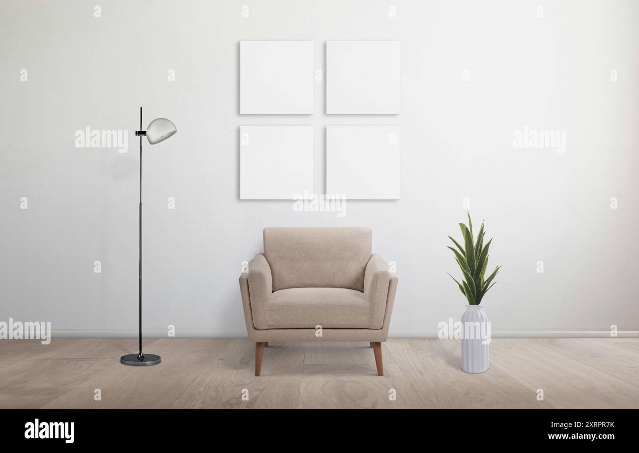 Set di quattro pezzi in tela bianca quadrata su parete del soggiorno con sedia, pianta e lampada. Ideale per il mockup, la presentazione artistica e il miglioramento della casa Foto Stock