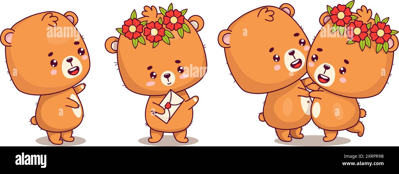 Collezione di orsi felici. Coppia romantica, ragazzo e orsacchiotto con corona di fiori e lettera d'amore. Isolati carini animali personaggi kawaii. Vettore Illustrazione Vettoriale