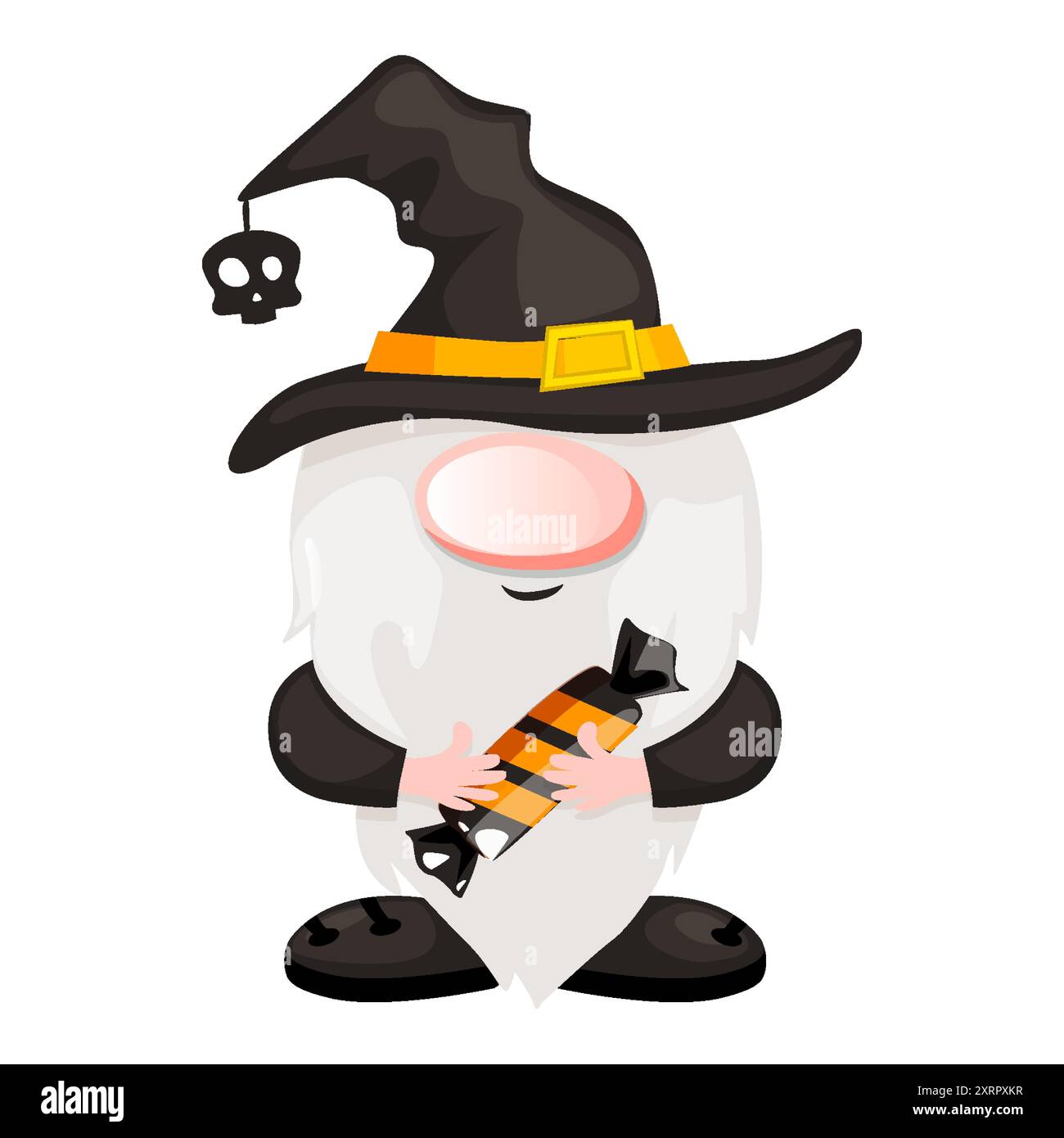 Gnomo di Halloween con una caramella in mano. Vettore di progettazione del calendario Halloween Gnome. Carina illustrazione di Halloween Vector Illustrazione Vettoriale