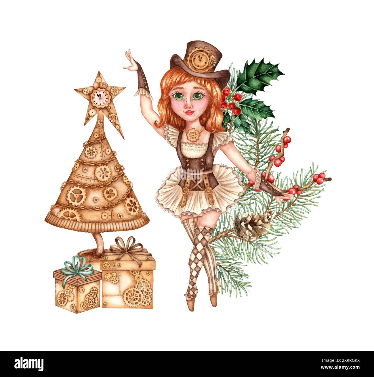 Ballerina ragazza con albero di Natale, regali, fiabesca "Schiaccianoci" e rami di abete, coni di pino, agrifoglio, illustrazione ad acquerello con bacca rossa. Ballerina in una Foto Stock