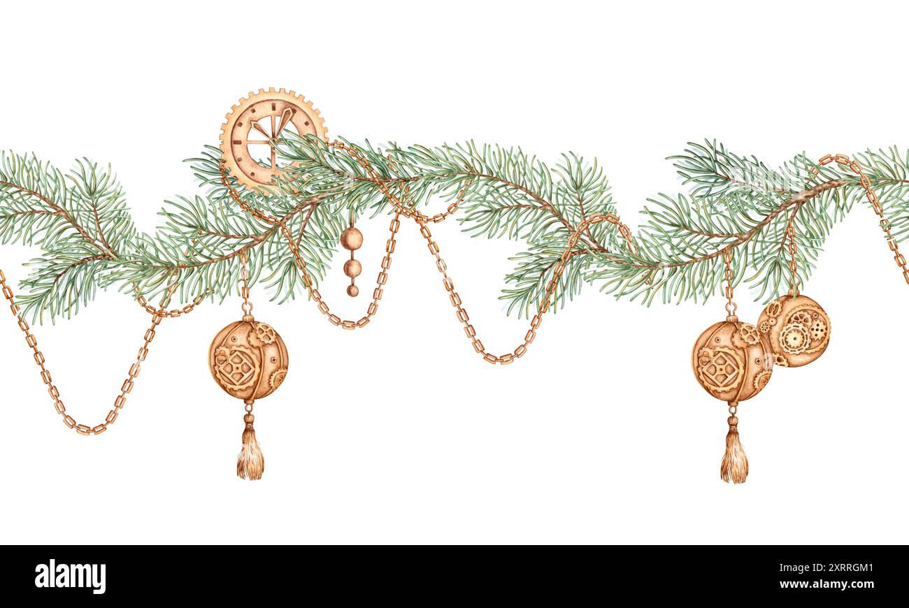 Rami di abete con catene, orologi in oro e palle di Capodanno in stile steampunk con motivo acquerello. Decorazioni vintage per l'inverno holi Foto Stock