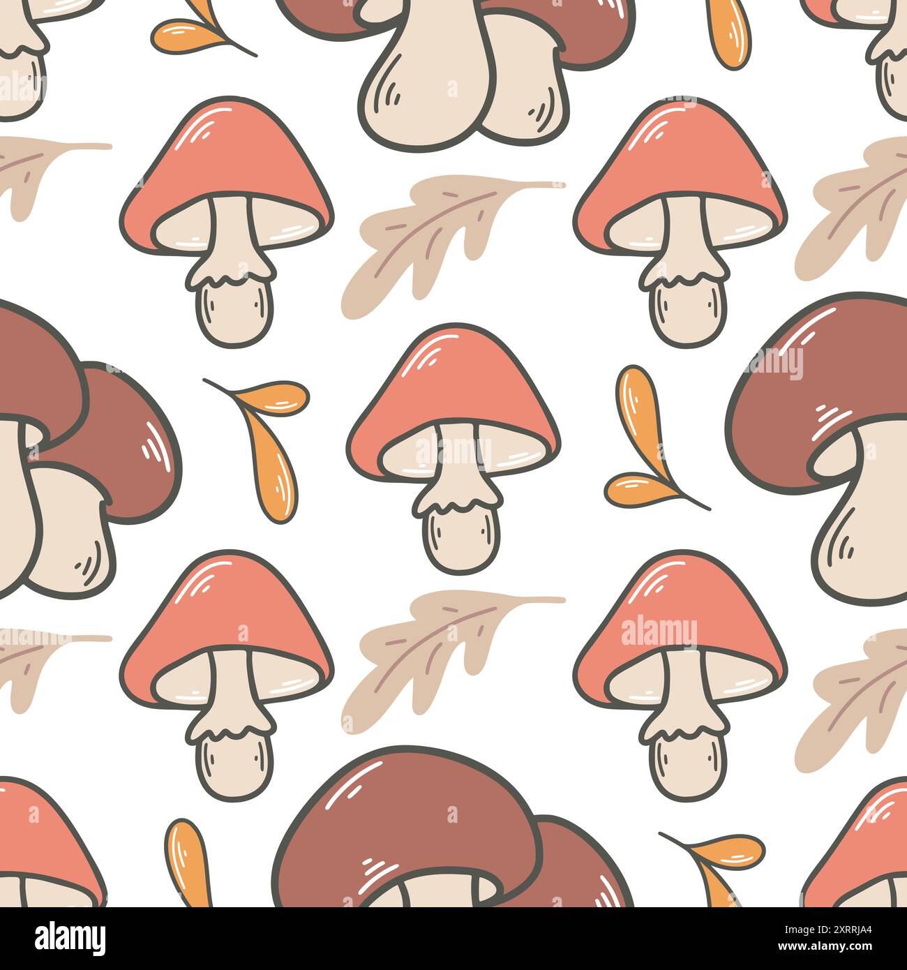 Sfondo della foresta autunnale con funghi e foglie. Struttura senza cuciture di funghi in bolo con foglie gialle cadute. Stampa autunnale stagionale, vettoriale Illustrazione Vettoriale