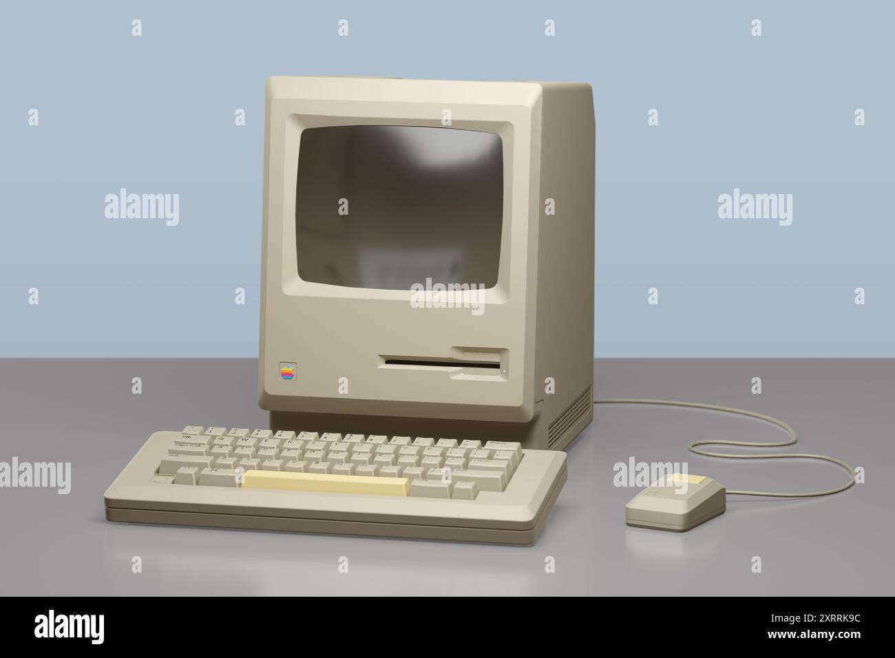 Buenos Aires, Argentina - 11 agosto 2024: Computer Apple Macintosh 128K su una scrivania. illustrazione 3d. Foto Stock