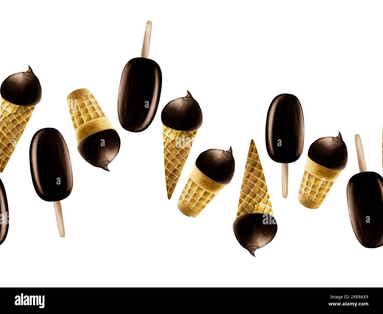 Bordo senza cuciture, striscione con papavero, paletta di gelato con glassa di cioccolato in un cono croccante per waffle. Pittura a mano dolce illustrazione ad acquerello isolato Foto Stock