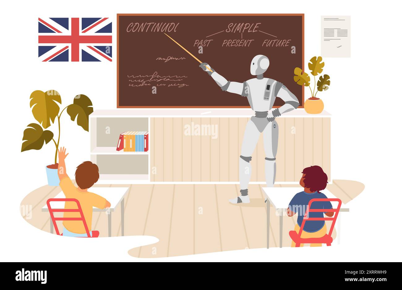 Intelligenza artificiale insegnante di inglese bot che insegna ai bambini Illustrazione Vettoriale