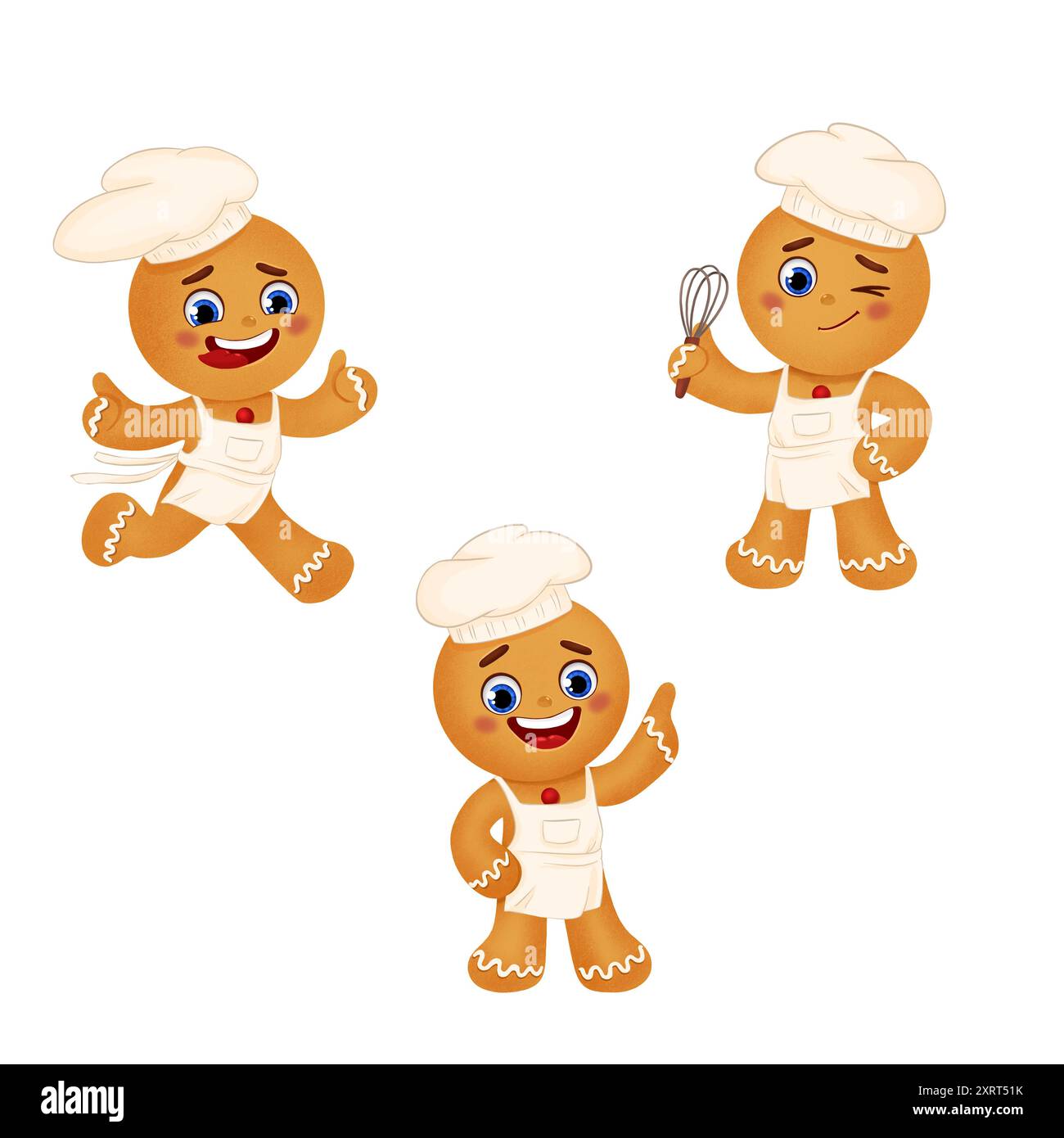 Biscotti Gingerbread man. Adorabile set illustrativo con un personaggio di biscotti al pan di zenzero vestito come uno chef Gingerbbread cuoco in grembiule e berretto. Foto Stock Biscotti Gingerbread man. Adorabile set illustrativo con un personaggio di biscotti al pan di zenzero vestito come uno chef Gingerbbread cuoco in grembiule e berretto. Foto Stock