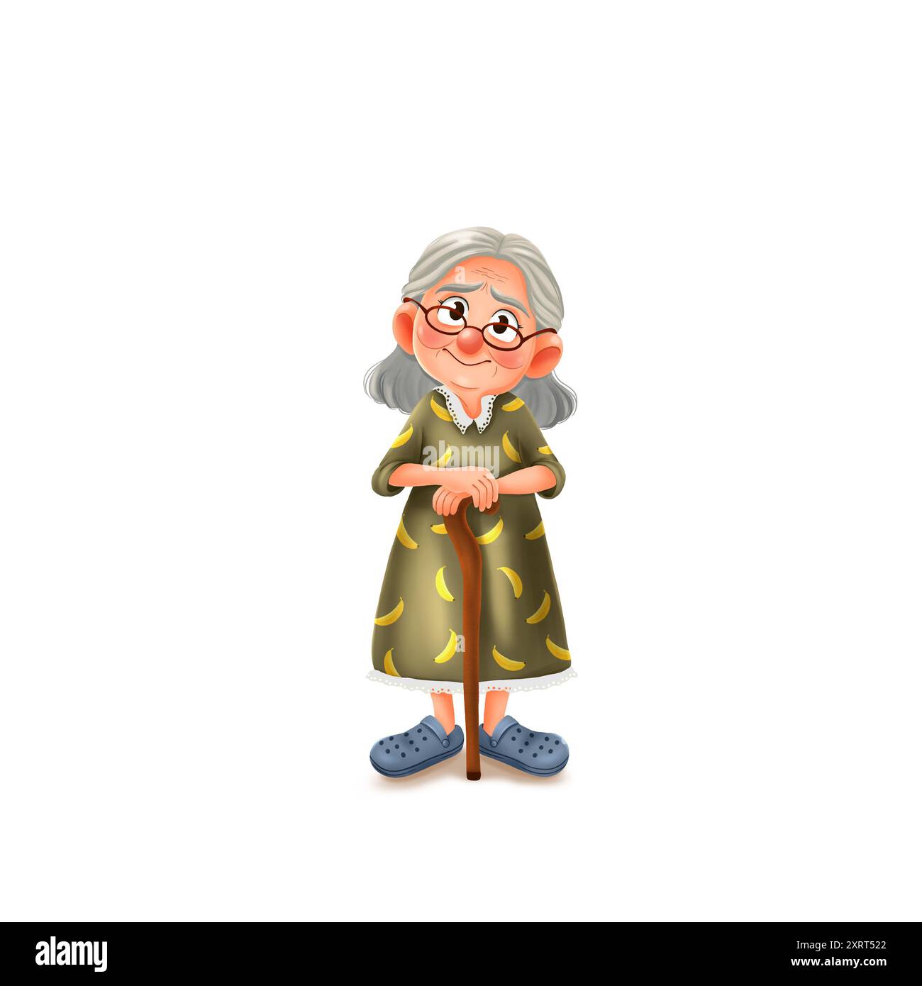 Donna anziana con occhiali e bastone nelle mani. Bella nonna. Illustrazione del cartone animato isolata su sfondo bianco Foto Stock