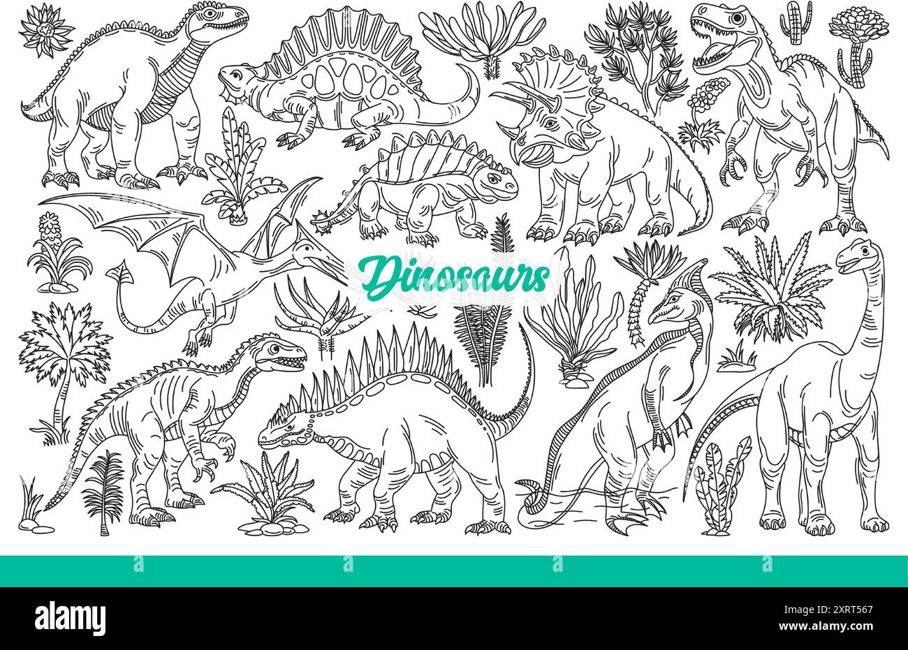 I dinosauri camminano o volano in cielo, mostrando grandi denti e la prontezza a combattere. Antichi dinosauri mostri simili alle lucertole, abitano la terra prima che il meteorite cadesse. Scarabocchio disegnato a mano Illustrazione Vettoriale