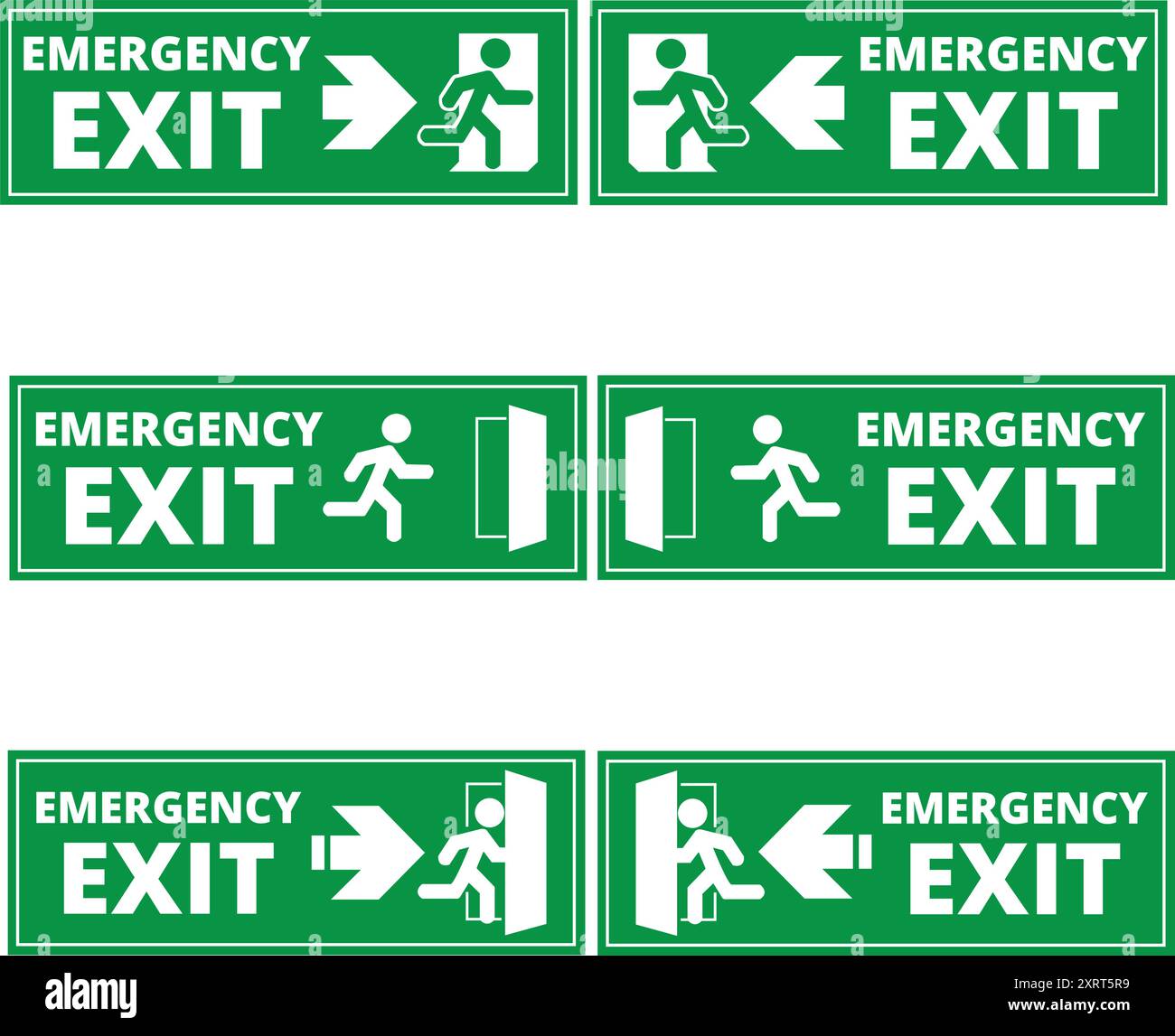 Segnali di uscita di emergenza verdi su sfondo bianco con spazio di copia Illustrazione Vettoriale
