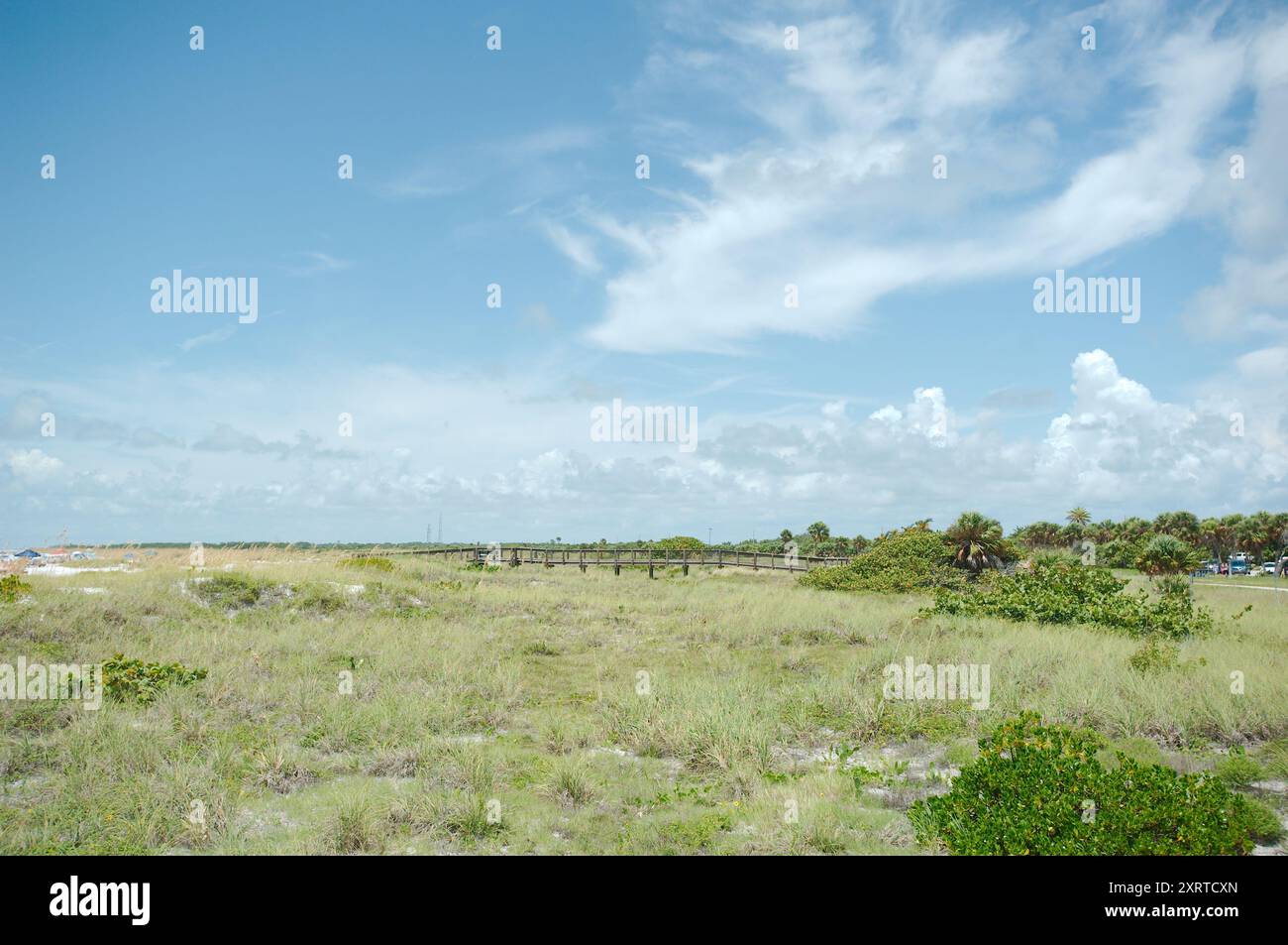 Ampia vista sul Fort DeSoto Park nella contea di Pinellas, Florida. Guardando a nord sopra il verde del mare, l'avena e la sabbia verso la passeggiata sul ponte Foto Stock