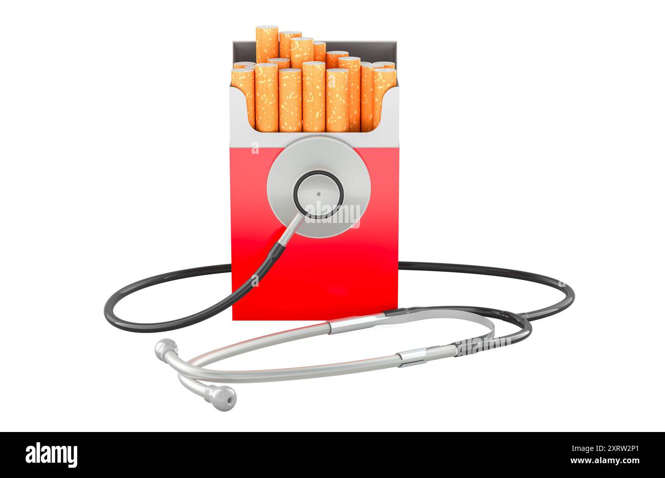 Confezione di sigarette con stetoscopio. Malattie respiratorie e polmonari dal fumo, concetto. Rendering 3D isolato su sfondo bianco Foto Stock