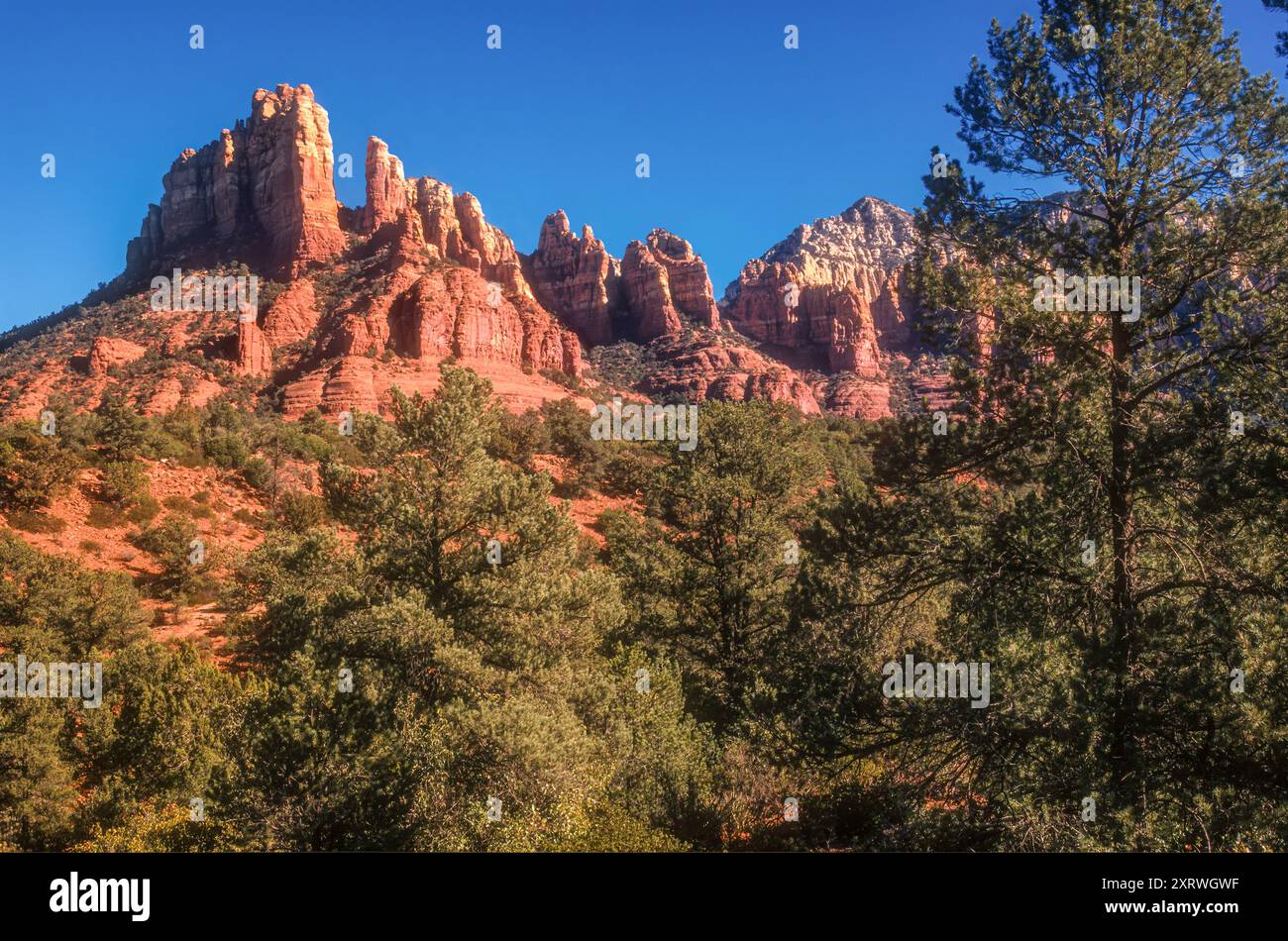 Formazioni di roccia rossa illuminate dal sole nella panoramica Sedona, Arizona. (USA) Foto Stock