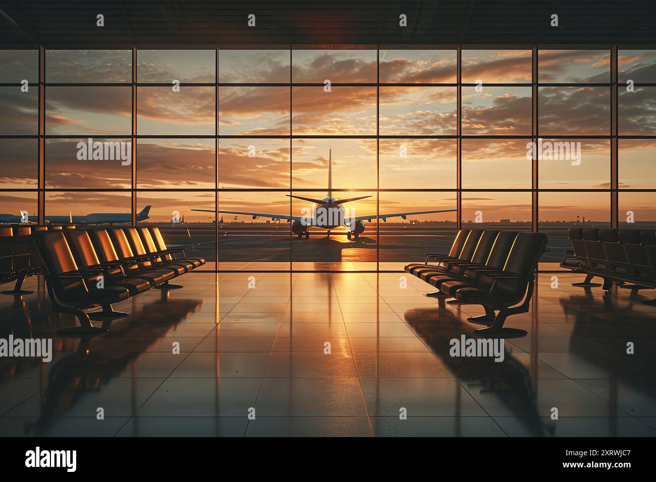 Finestre panoramiche dell'aeroporto che si affacciano sulla pista e sull'aereo che si trova proprio fuori dalla finestra, posti a sedere per i passeggeri e illuminati dal sole Foto Stock