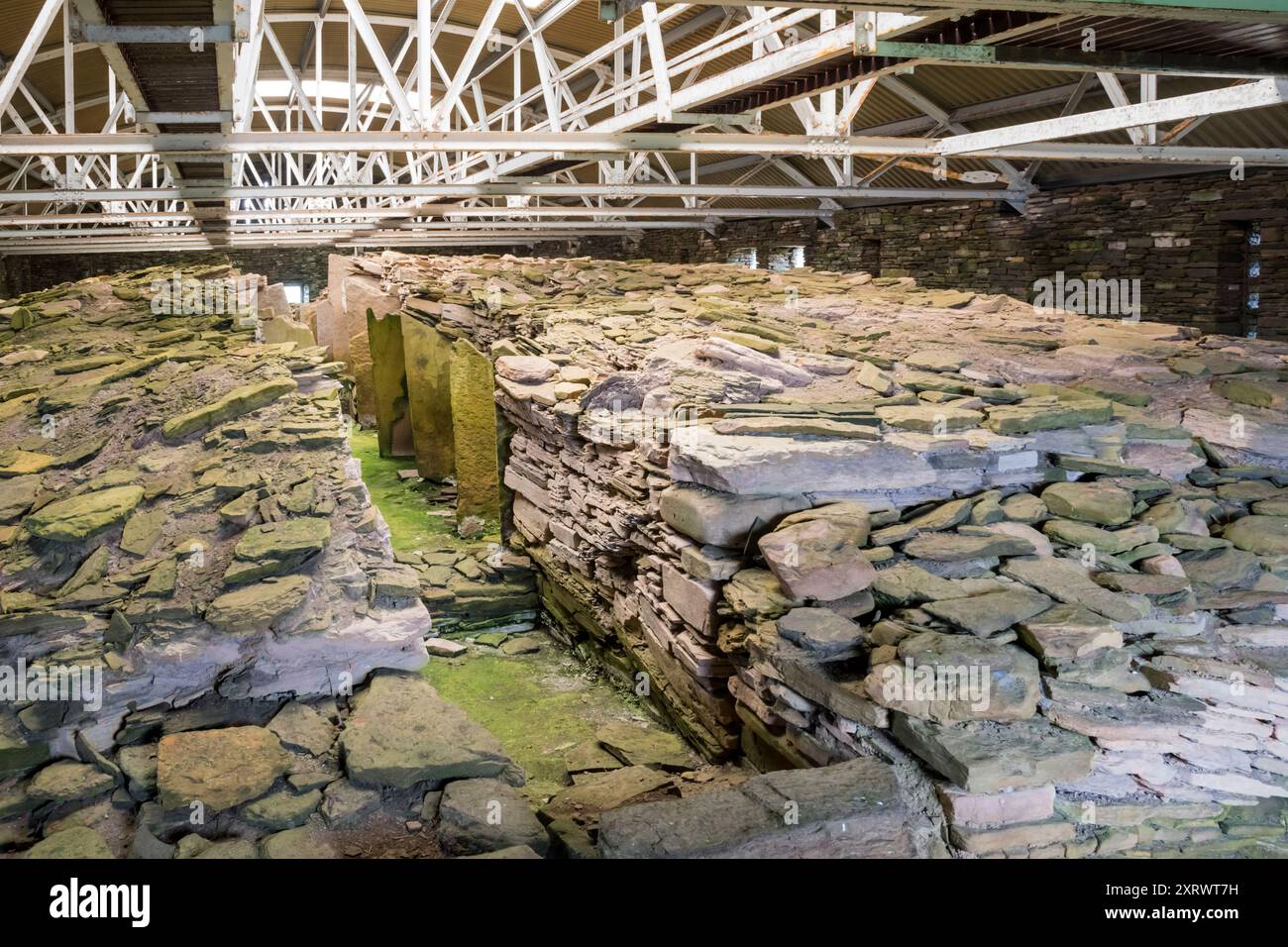 Midhowe Chambered Cairn su Rousay, nelle Orcadi. Cairn scavato protetto da un edificio permanente con passerelle sopraelevate per la visione. Foto Stock