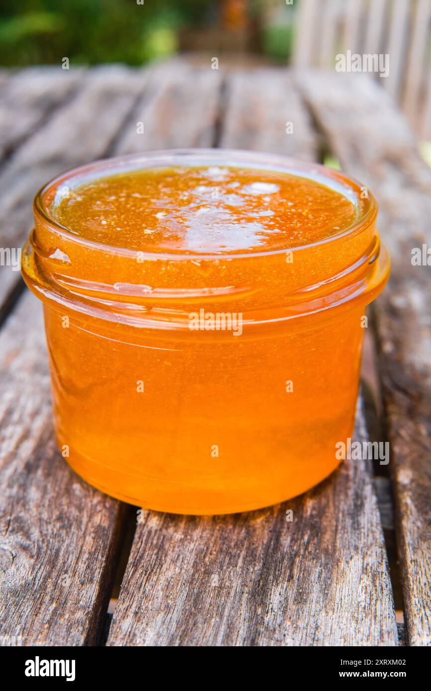 Barattolo di miele con miele fresco in piedi su un tavolo di legno all'esterno da vicino Foto Stock