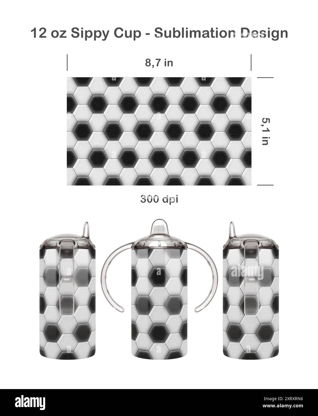 Modello a sublimazione senza cuciture per calcio per bambini da 12 once. Senza cuciture da bordo a bordo. Avvolgimento completo della tazza. Foto Stock