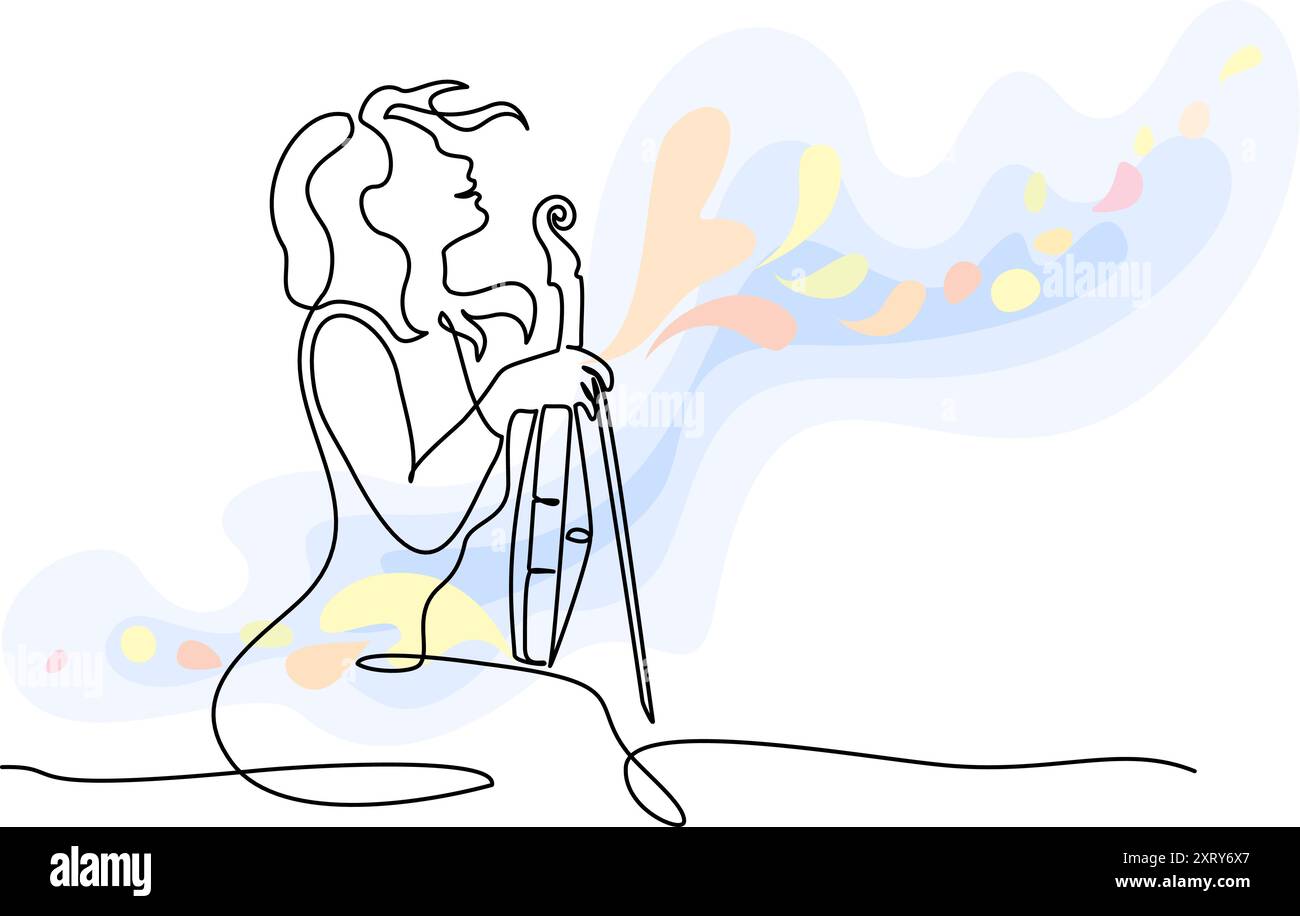 Donna violinista che riposa con il violino in grembo. Disegno continuo su una linea Illustrazione Vettoriale
