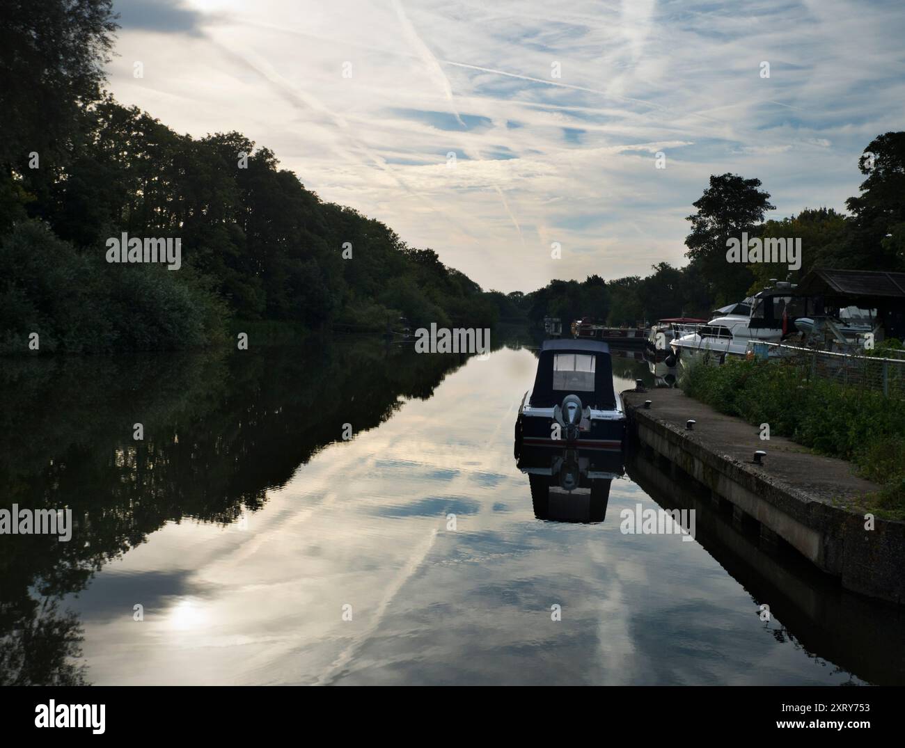 Vista del Tamigi da Abingdon Lock. Abingdon-on-Thames sostiene di essere la città più antica d'Inghilterra. E il Tamigi scorre attraverso il suo cuore. In questa scena idilliaca, vedremo una bella vista sul fiume da Abingdon Locks, proprio come il sole sorge in una bella mattinata d'estate. Così tranquillo... Ci sono pochi scatti che vale la pena di svegliarsi alle 5:30 del mattino per scattare - ma questo è sicuramente uno di loro! Foto Stock