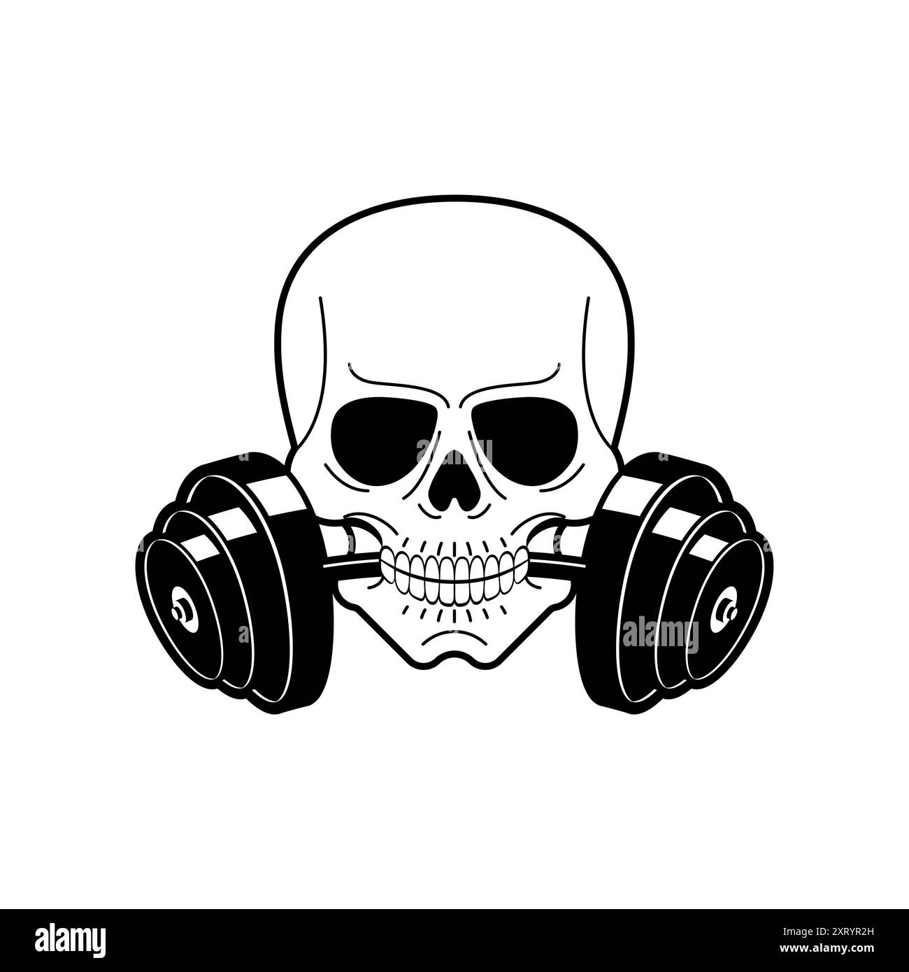 La grafica del cranio contiene manubri, che rappresentano la forza e la cultura del fitness in un sorprendente stile monocromatico. Illustrazione Vettoriale