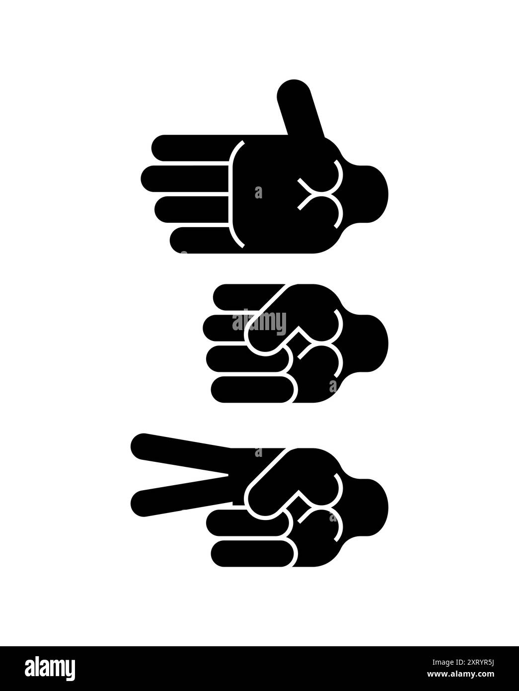 Set di cartelli per rocce, carta, forbici. Segno di gioco del pugno di mano. Icona di gioco delle dita Illustrazione Vettoriale