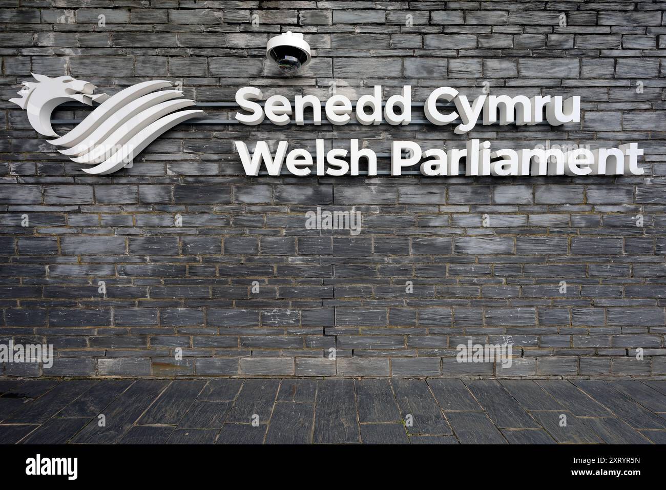 Parlamento gallese - Seedd cymru firma e logo sul muro di ardesia. L'estate 2024 Foto Stock