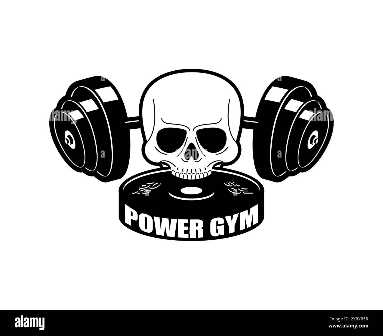 La grafica del cranio contiene manubri, che rappresentano la forza e la cultura del fitness in un sorprendente stile monocromatico. Illustrazione Vettoriale