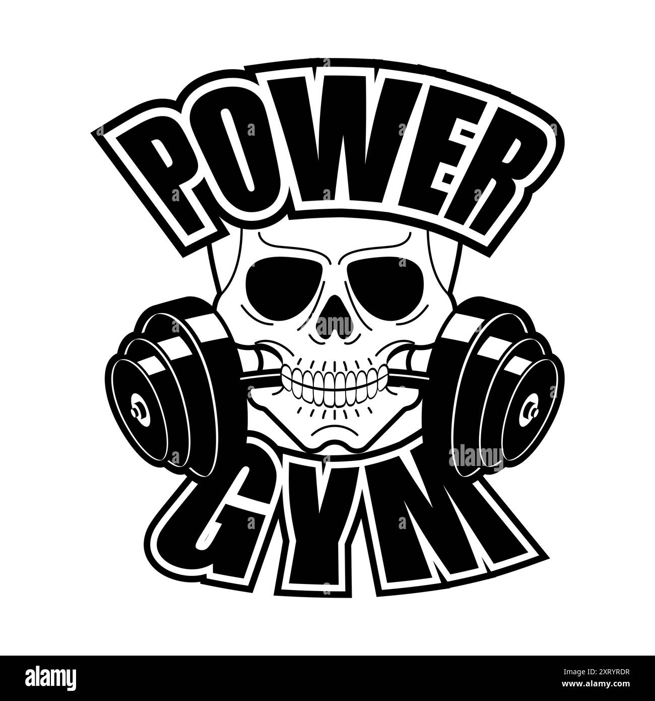La grafica del cranio contiene manubri, che rappresentano la forza e la cultura del fitness in un sorprendente stile monocromatico. Illustrazione Vettoriale