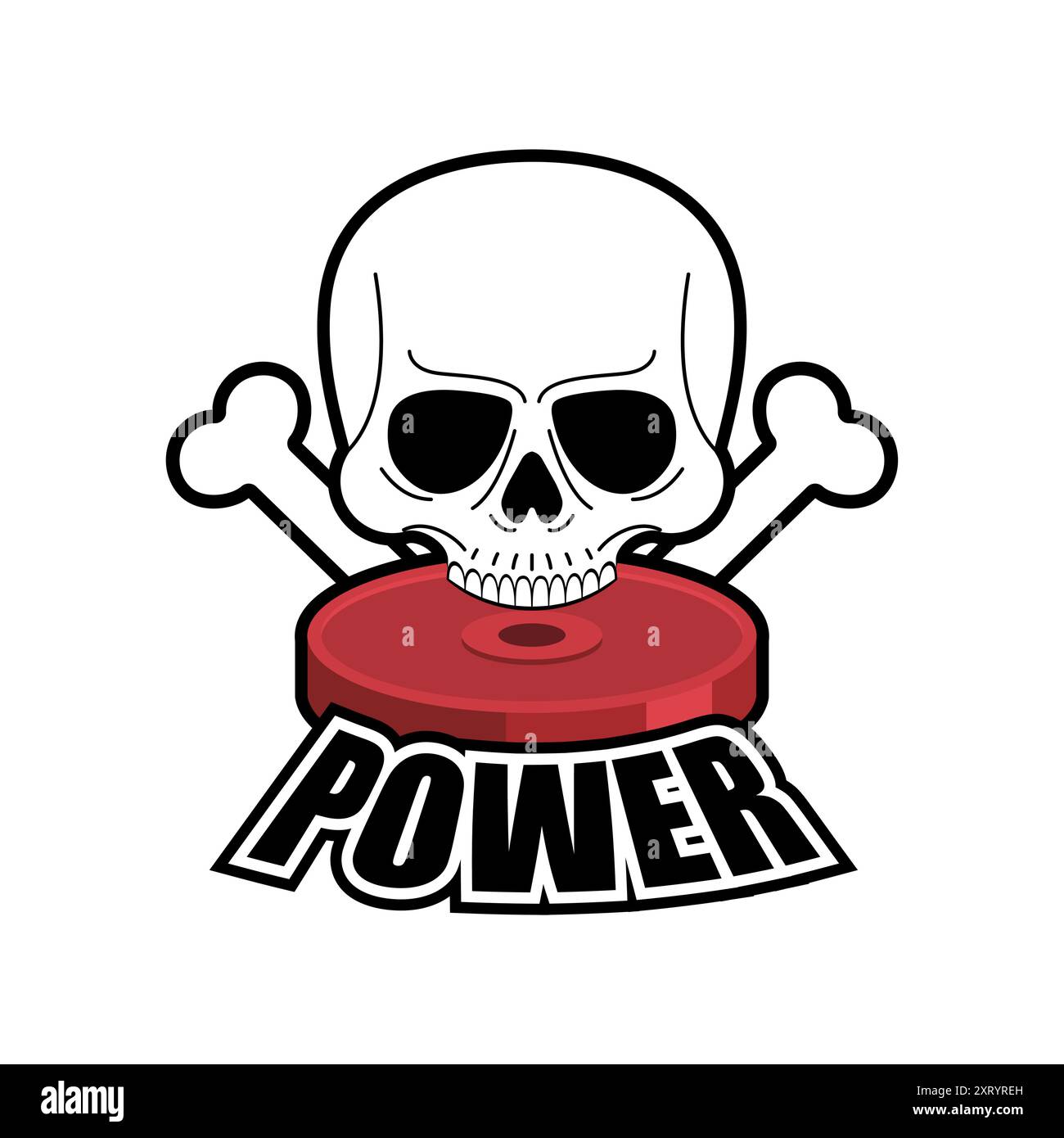 La grafica del cranio contiene manubri, che rappresentano la forza e la cultura del fitness in un sorprendente stile monocromatico. Illustrazione Vettoriale