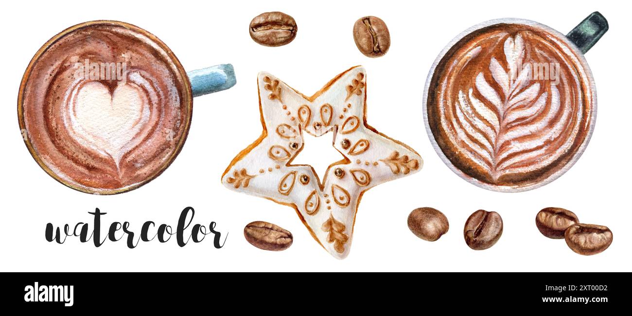 Una composizione artistica di illustrazioni ad acquerello con caffè e deliziosi pasticcini Foto Stock Una composizione artistica di illustrazioni ad acquerello con caffè e deliziosi pasticcini Foto Stock