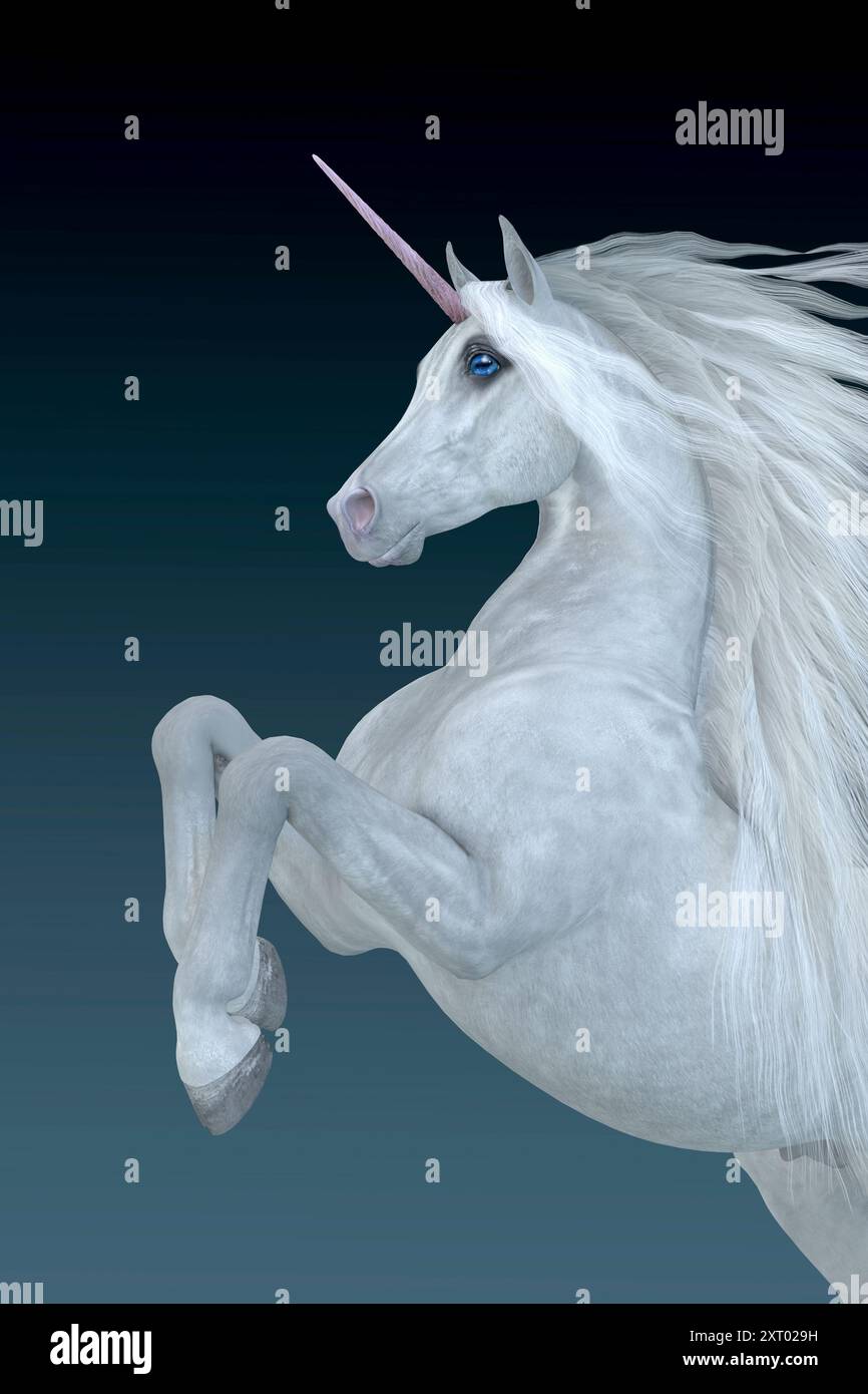 La Unicorn è una mitica creatura che ha un corpo di cavallo con la fronte il clacson e selvaggi zoccoli. Foto Stock